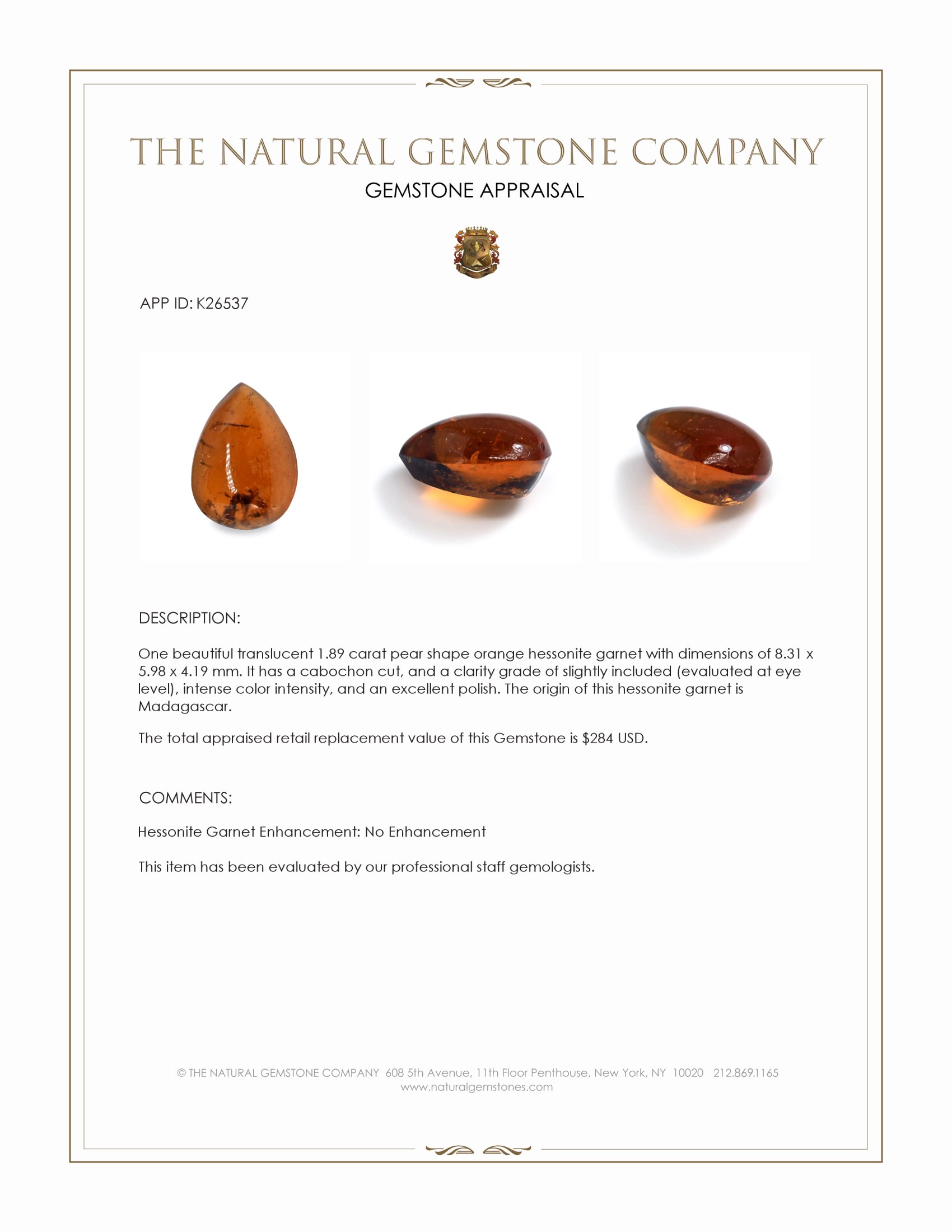 1.89 Ct. Orange Cabochon Hessonite Garnet from Madagascar