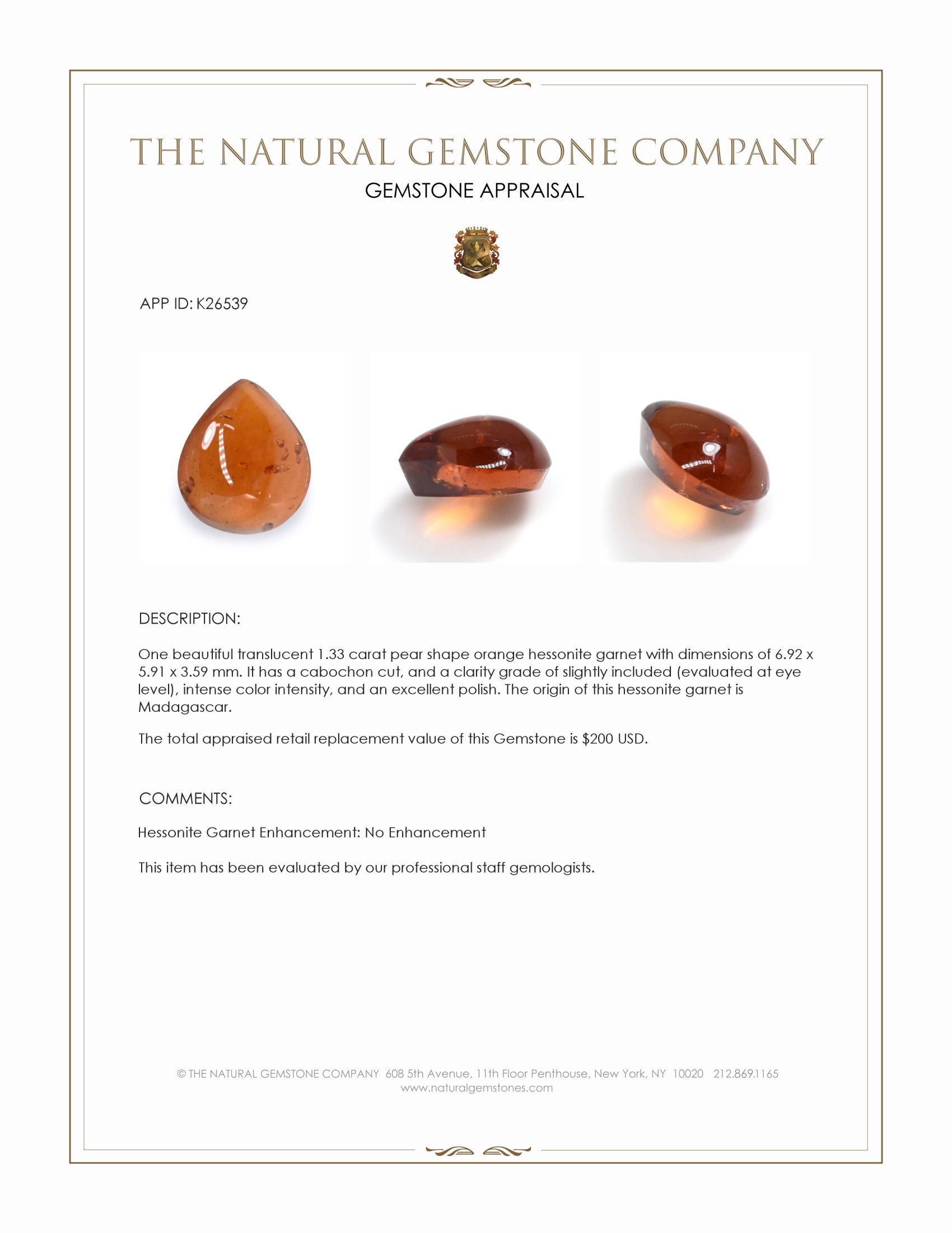 1.33 Ct. Orange Cabochon Hessonite Garnet from Madagascar