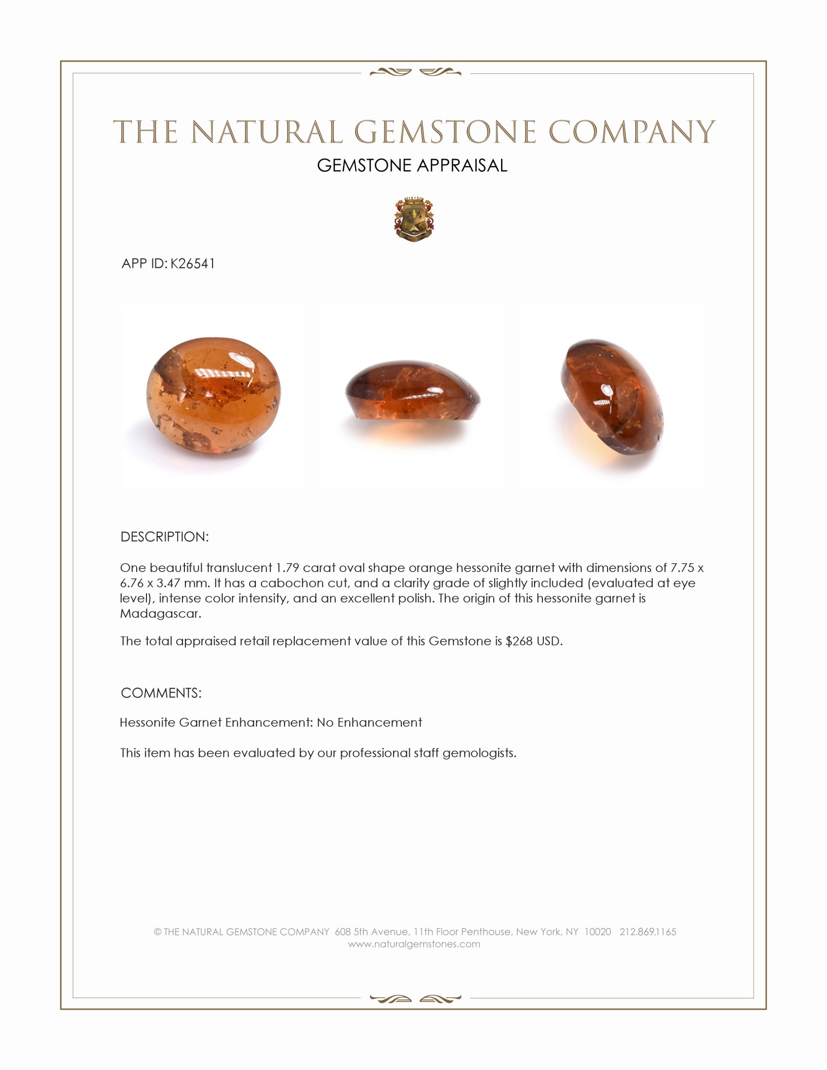 1.79 Ct. Orange Cabochon Hessonite Garnet from Madagascar