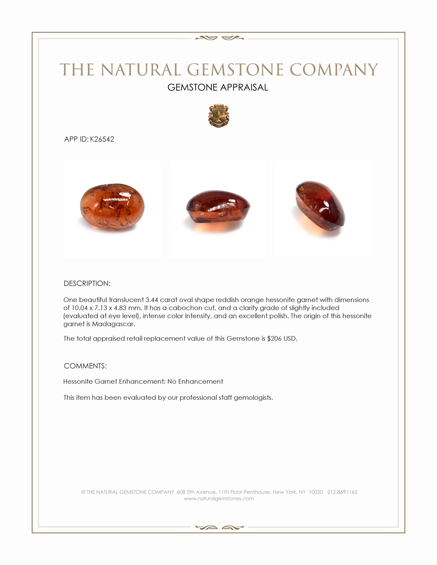 3.44 Ct. Reddish Orange Cabochon Hessonite Garnet from Madagascar