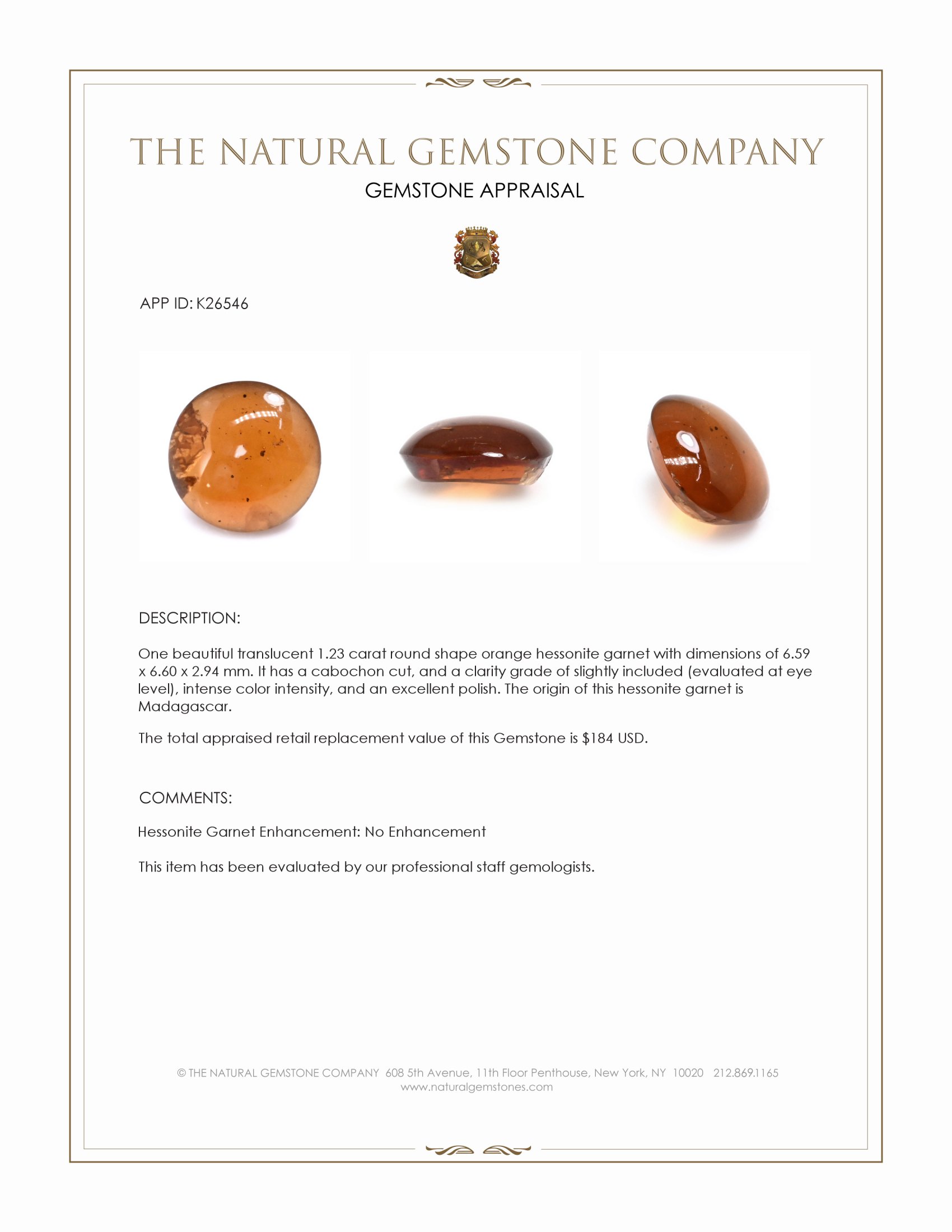 1.23 Ct. Orange Cabochon Hessonite Garnet from Madagascar