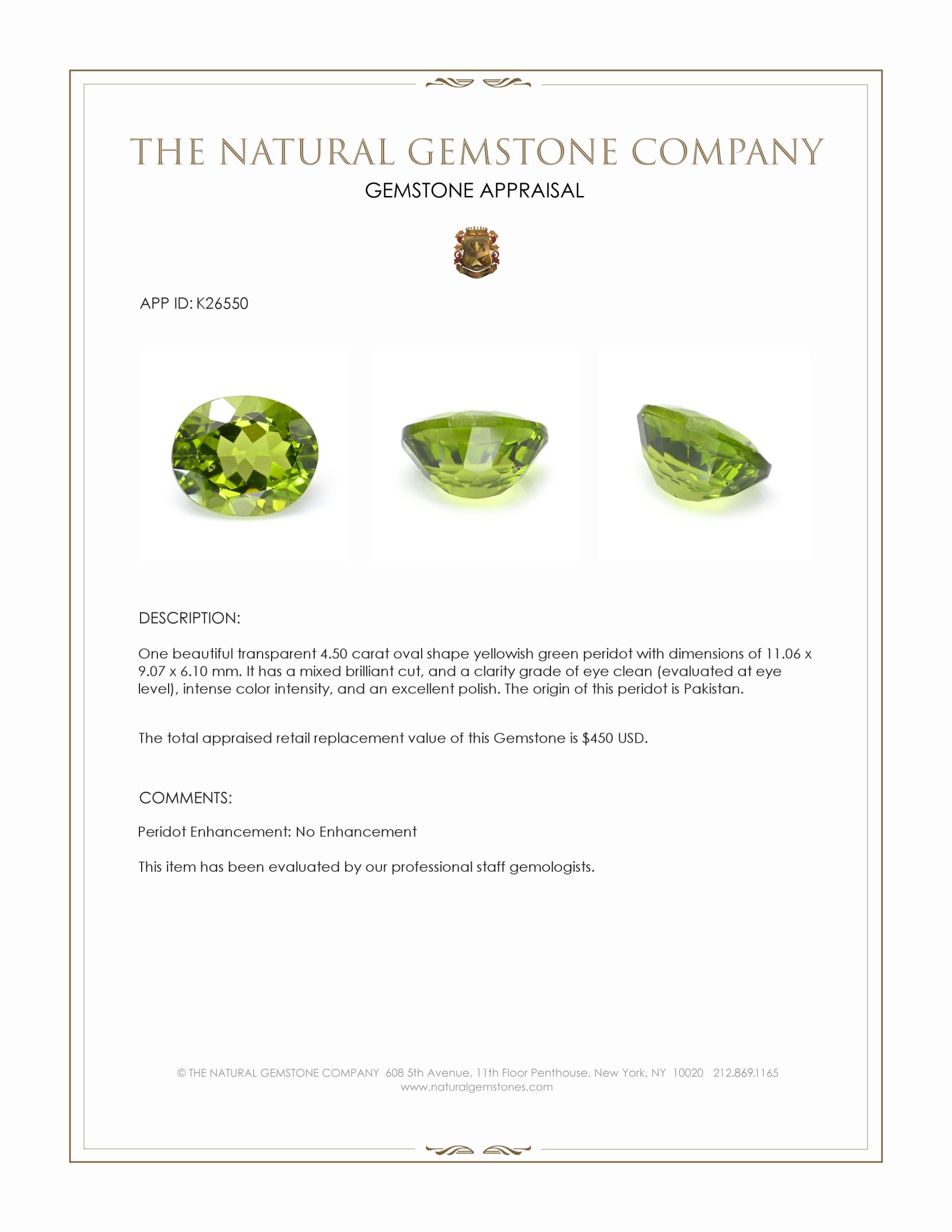 4.50 Ct. Yellowish Green Peridot from Pakistan