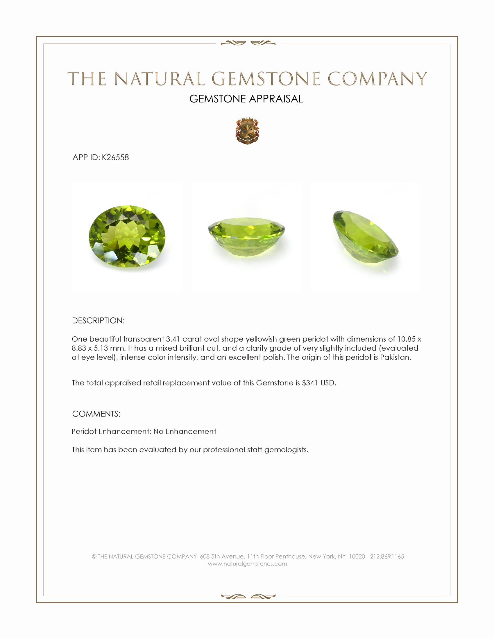 3.41 Ct. Yellowish Green Peridot from Pakistan
