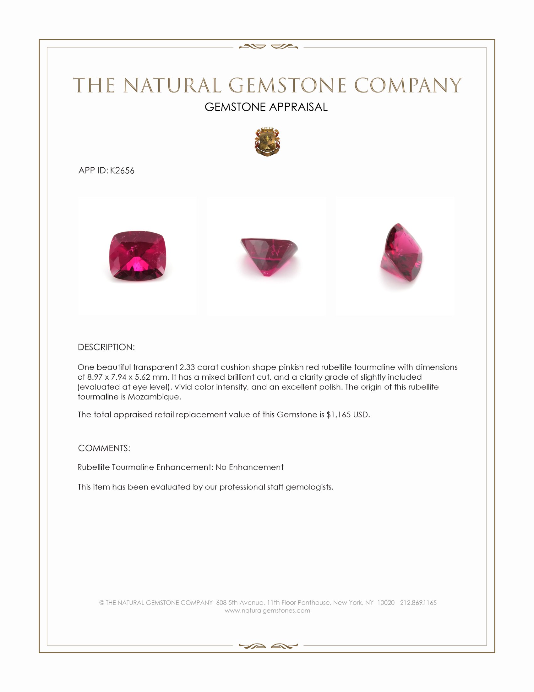 2.33 Ct. Pinkish Red Rubellite Tourmaline from Mozambique