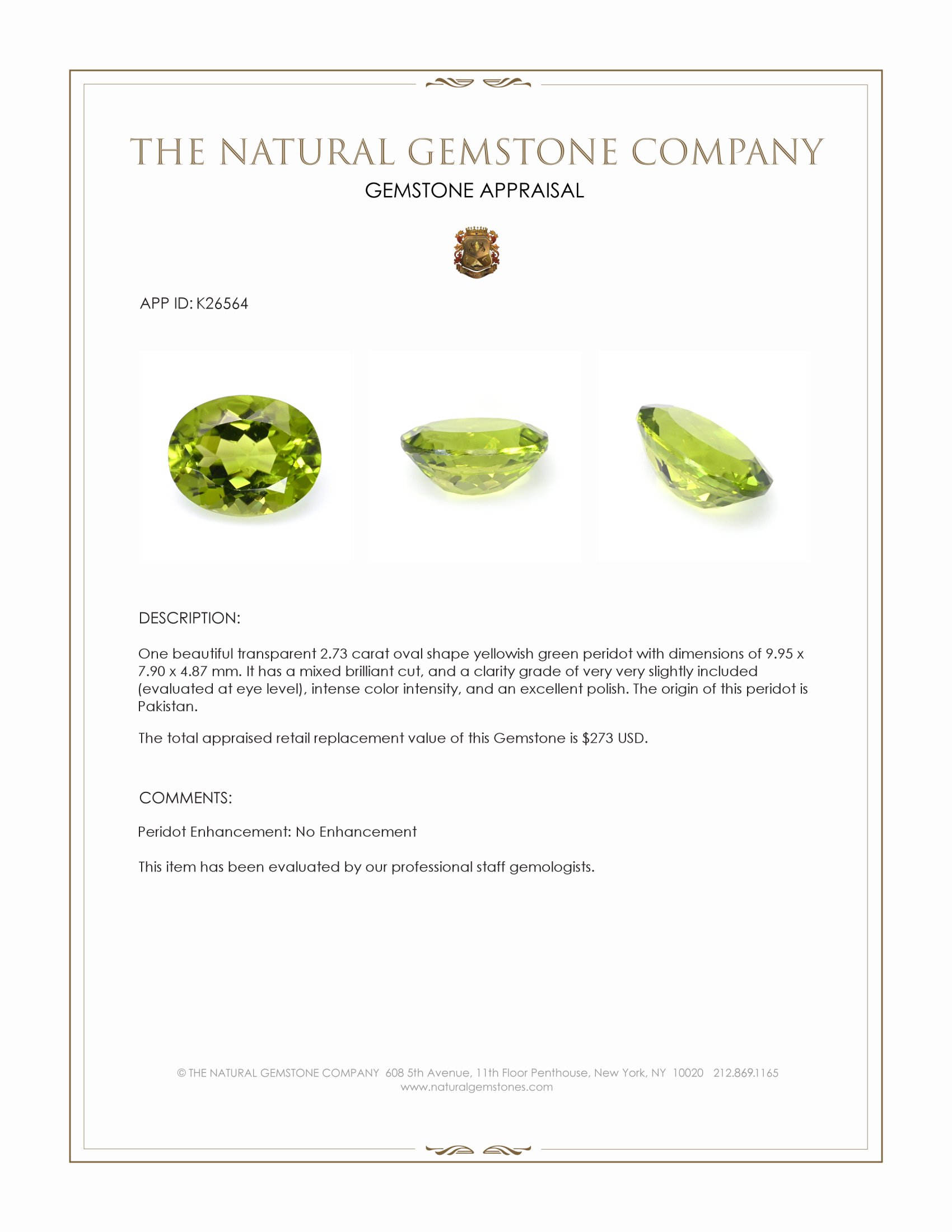 2.73 Ct. Yellowish Green Peridot from Pakistan