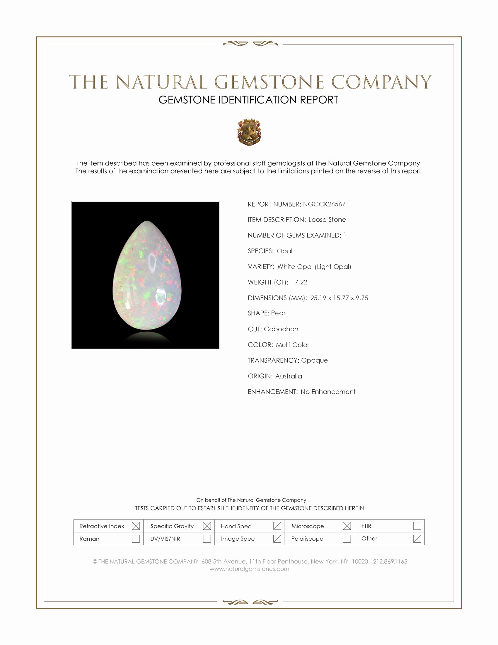 17.22 Ct. Multi Color Cabochon White Opal (Light Opal) from Australia
