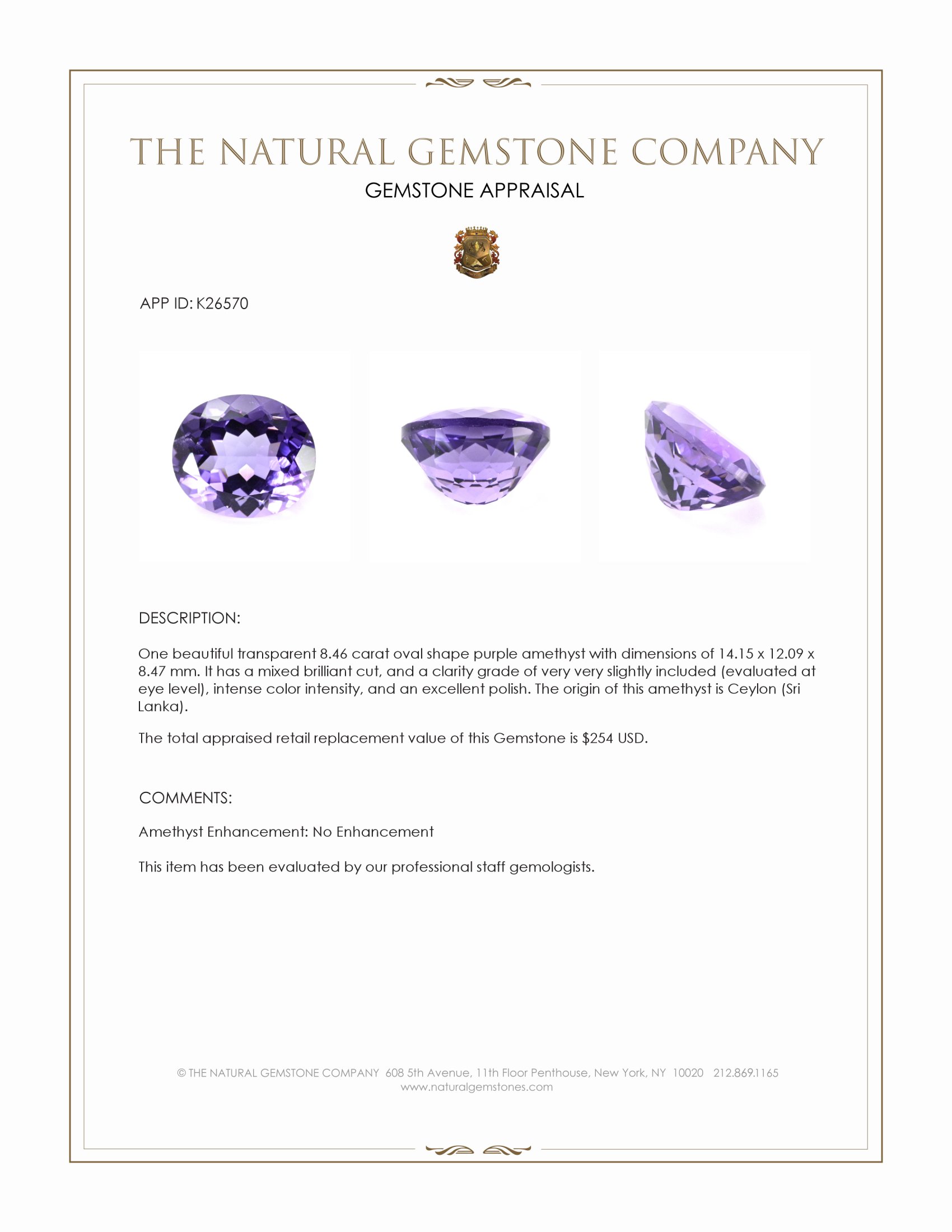 8.46 Ct. Purple Amethyst from Ceylon (Sri Lanka)
