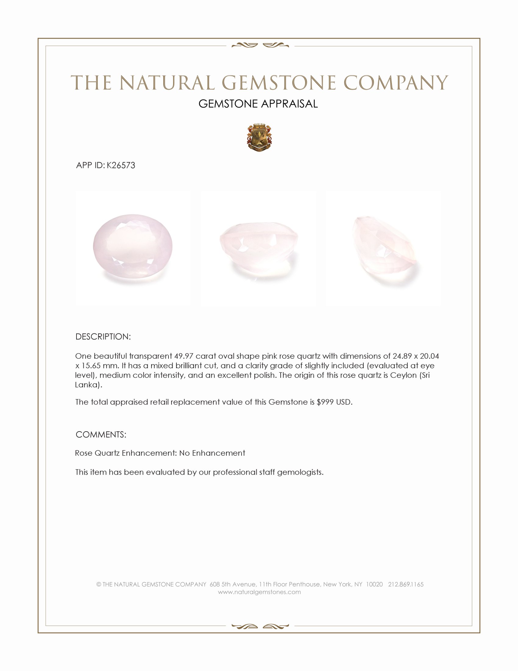 49.97 Ct. Pink Rose Quartz from Ceylon (Sri Lanka)