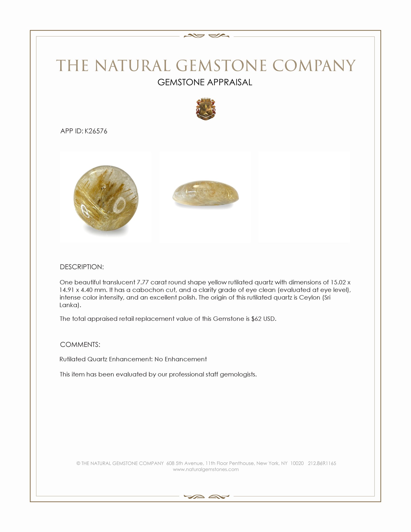 7.77 Ct. Yellow Cabochon Rutilated Quartz from Ceylon (Sri Lanka)