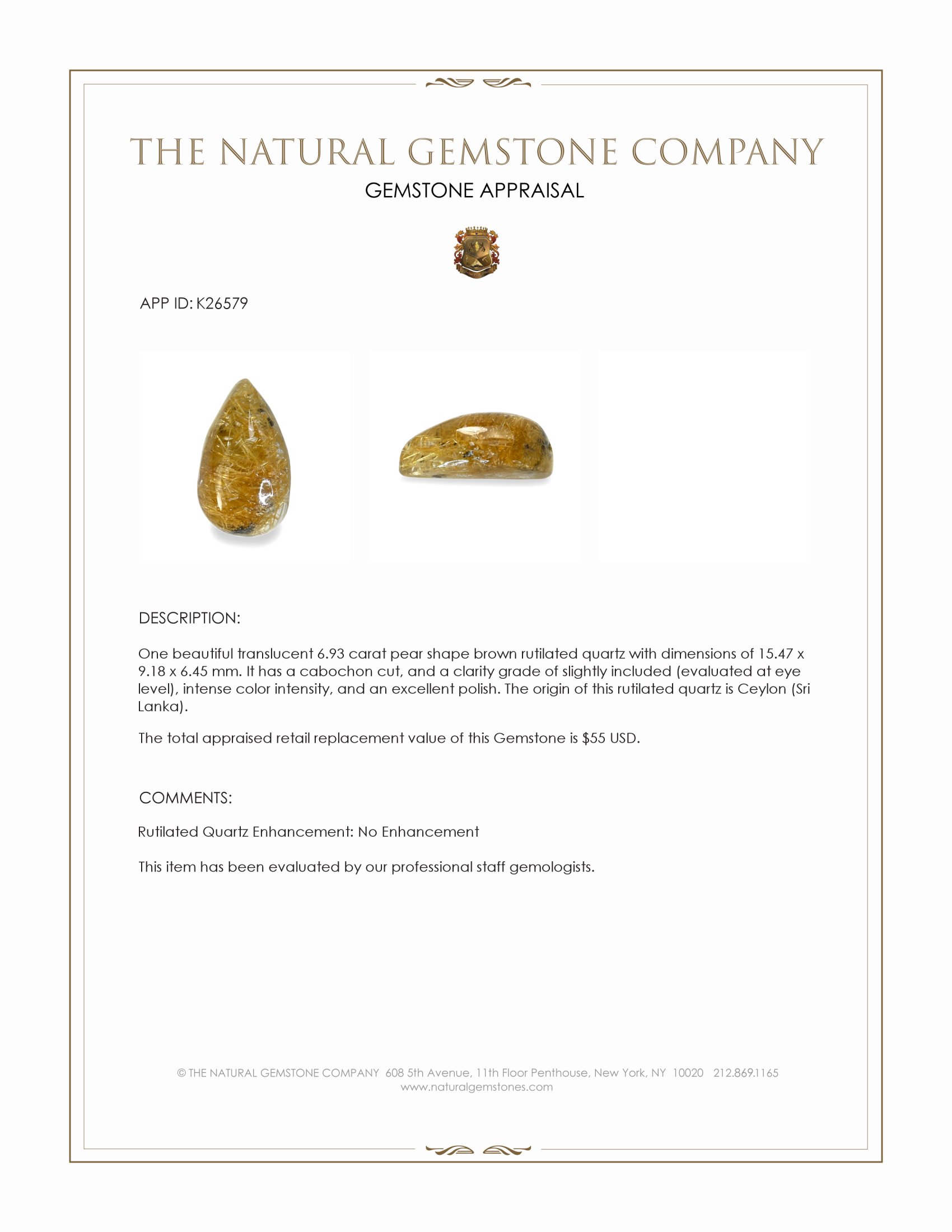 6.93 Ct. Brown Cabochon Rutilated Quartz from Ceylon (Sri Lanka)