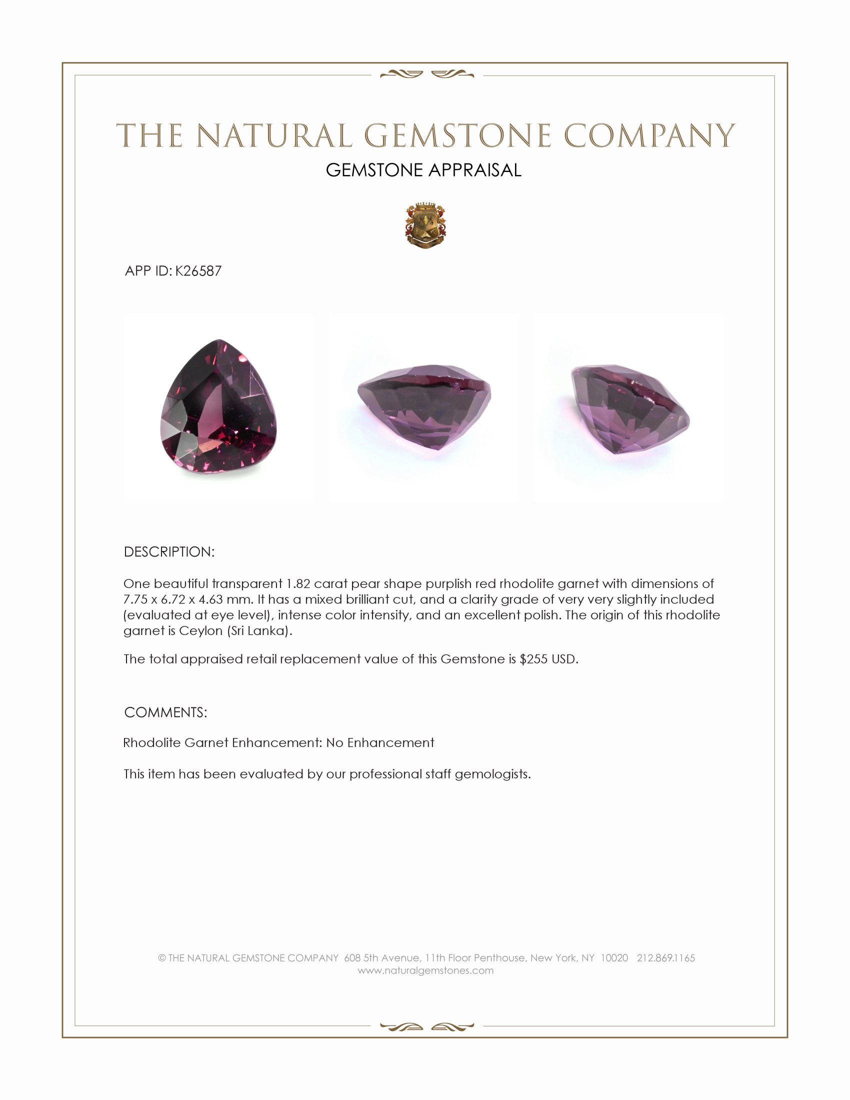 1.82 Ct. Purplish Red Rhodolite Garnet from Ceylon (Sri Lanka)