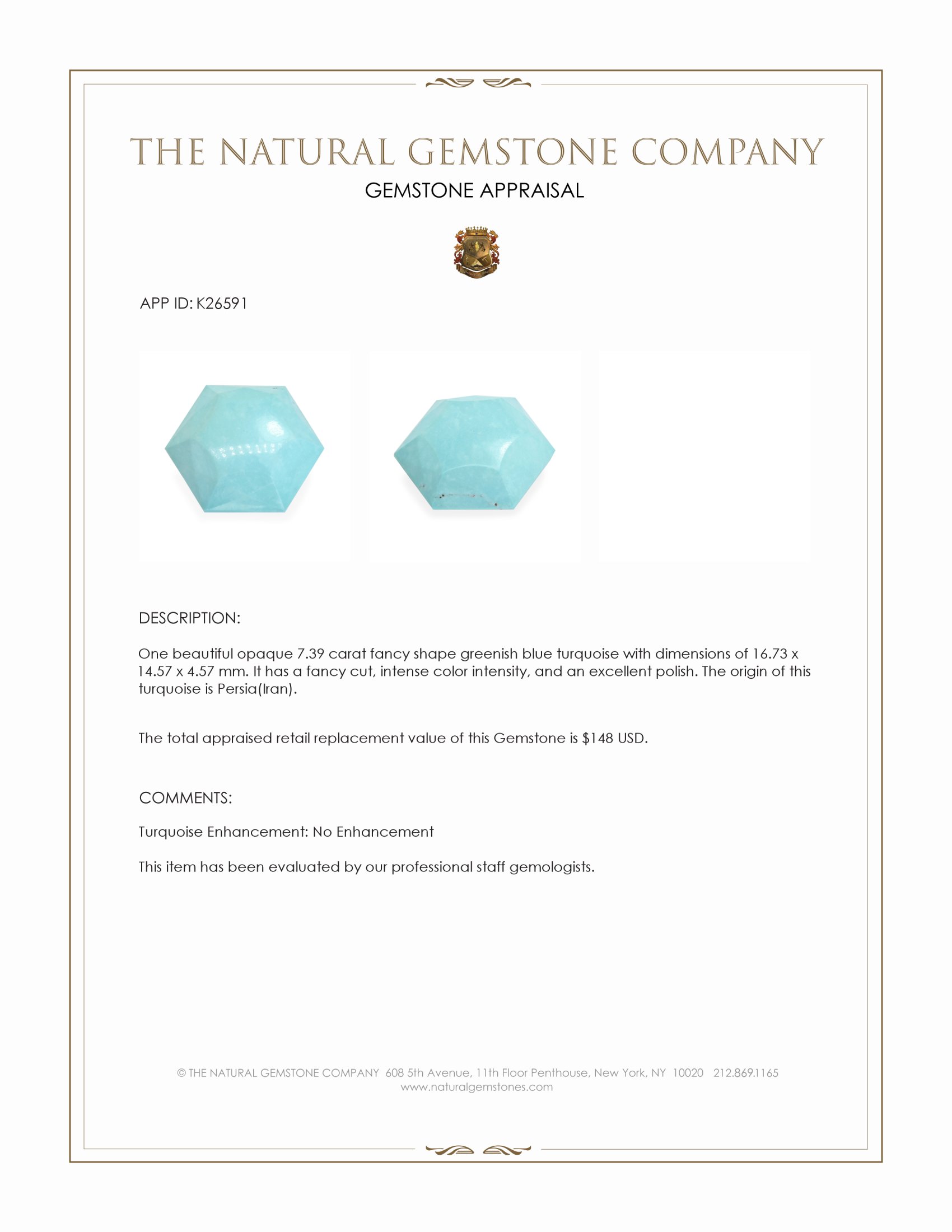 7.39 Ct. Greenish Blue Turquoise from Persia(Iran)