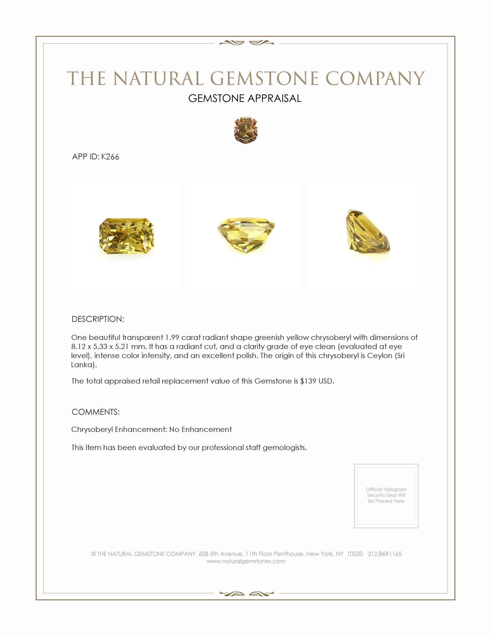 1.99 Ct. Chrysoberyl from Ceylon (Sri Lanka)