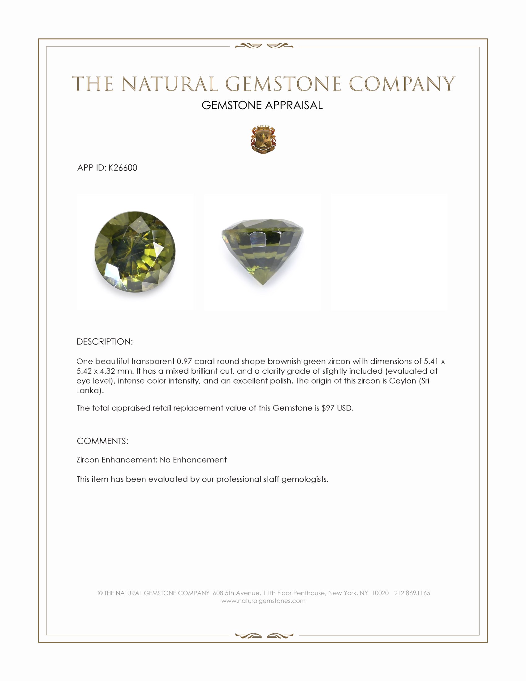 0.97 Ct. Brownish Green Zircon from Ceylon (Sri Lanka)