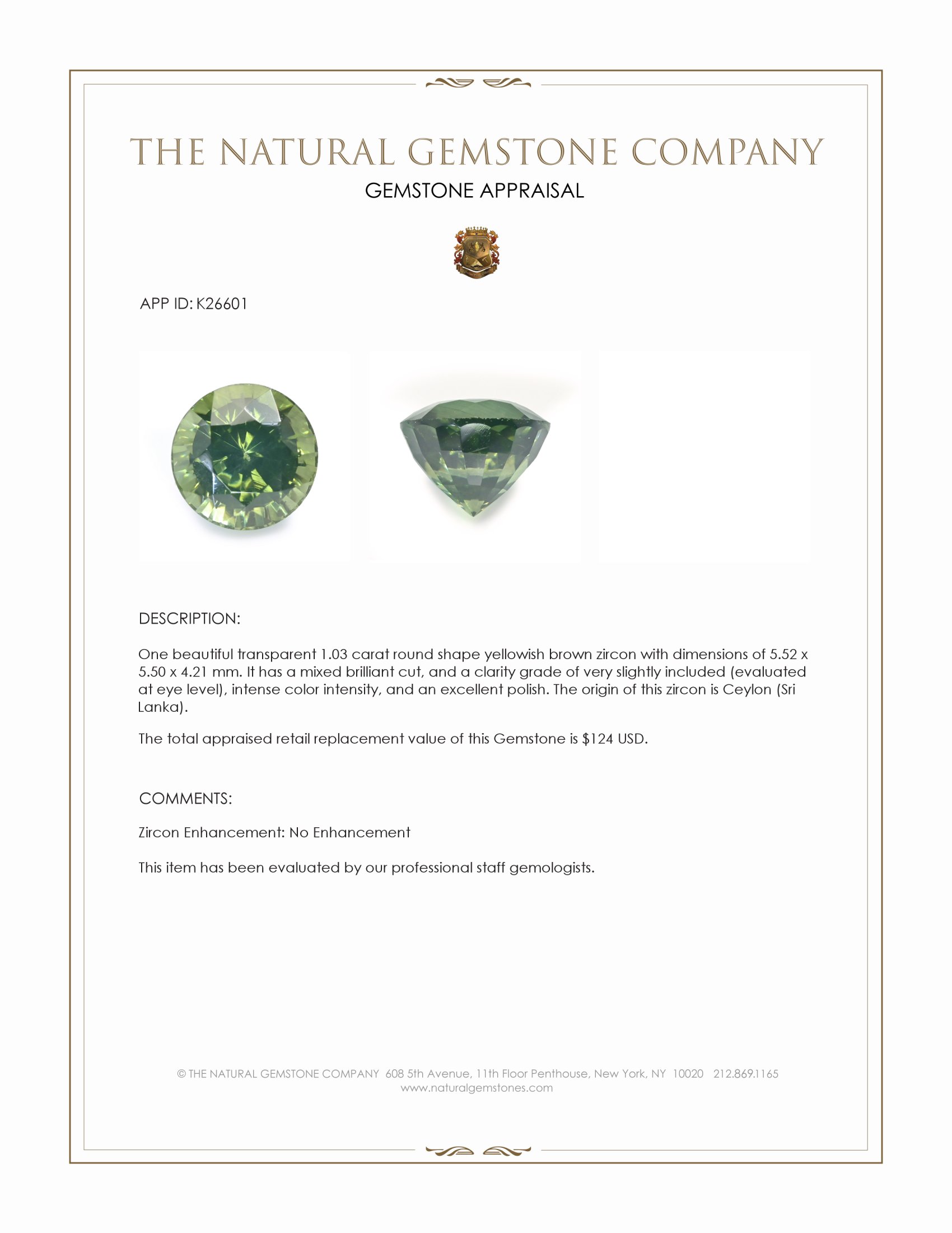 1.03 Ct. Yellowish Green Zircon from Ceylon (Sri Lanka)