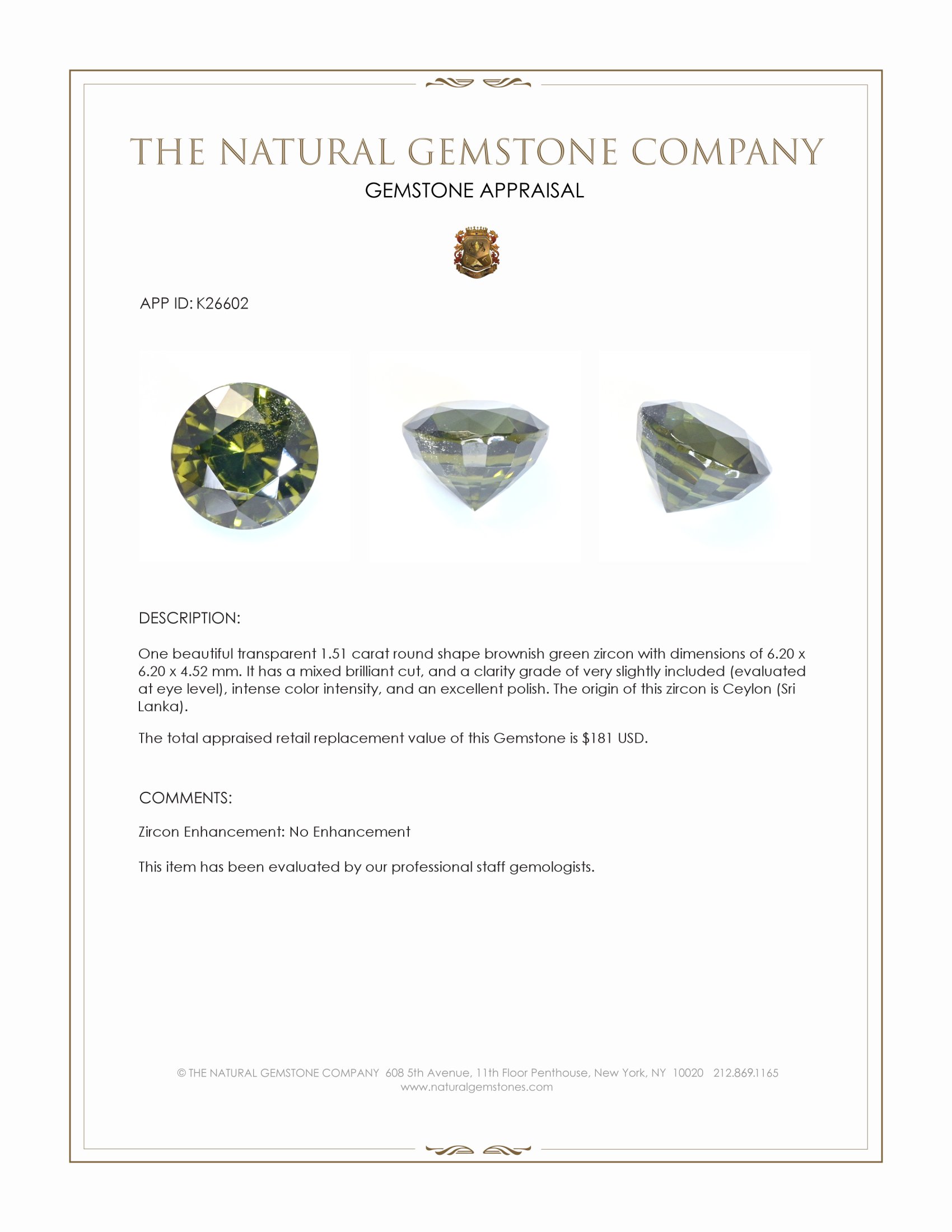1.51 Ct. Brownish Green Zircon from Ceylon (Sri Lanka)