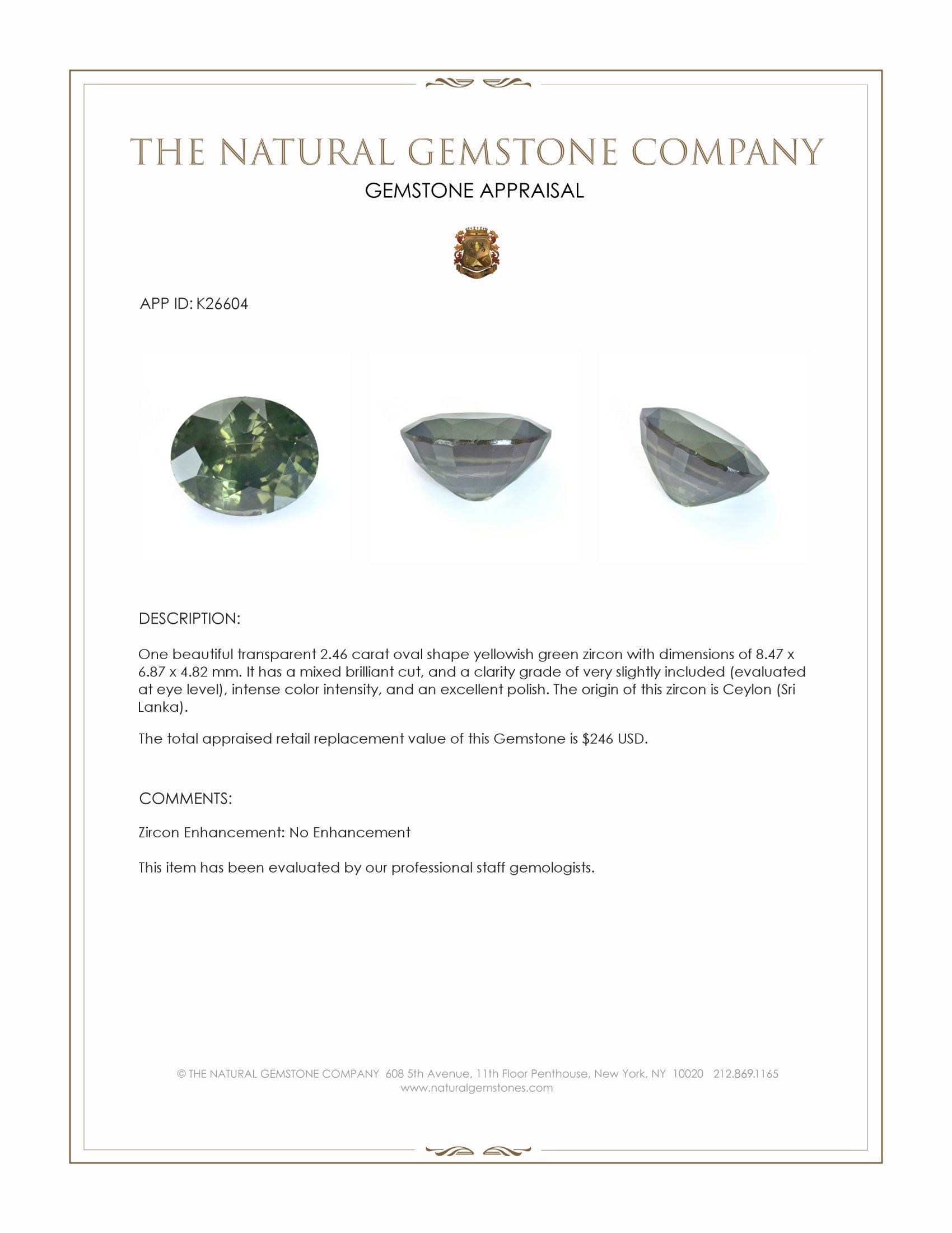 2.46 Ct. Yellowish Green Zircon from Ceylon (Sri Lanka)