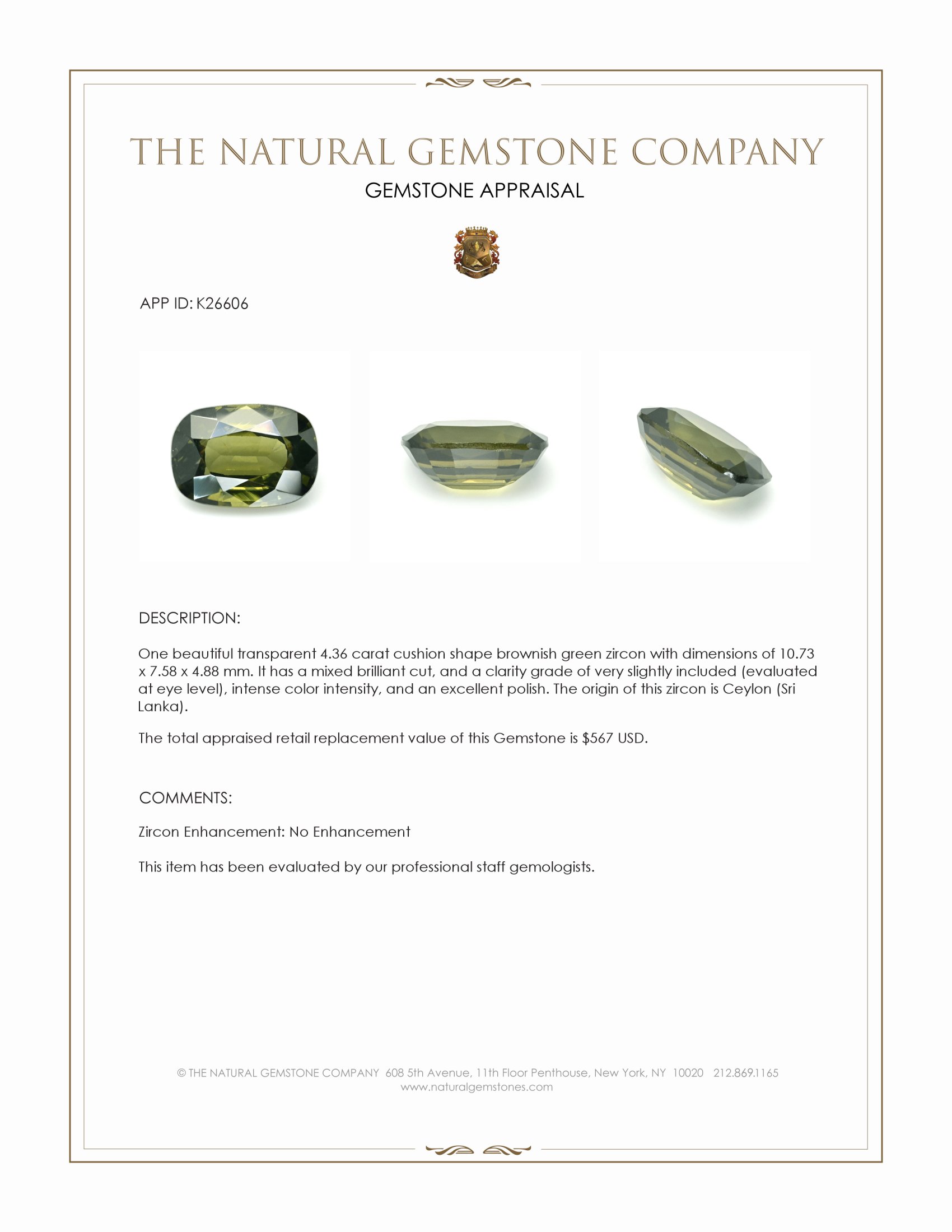 4.36 Ct. Green Zircon from Ceylon (Sri Lanka)