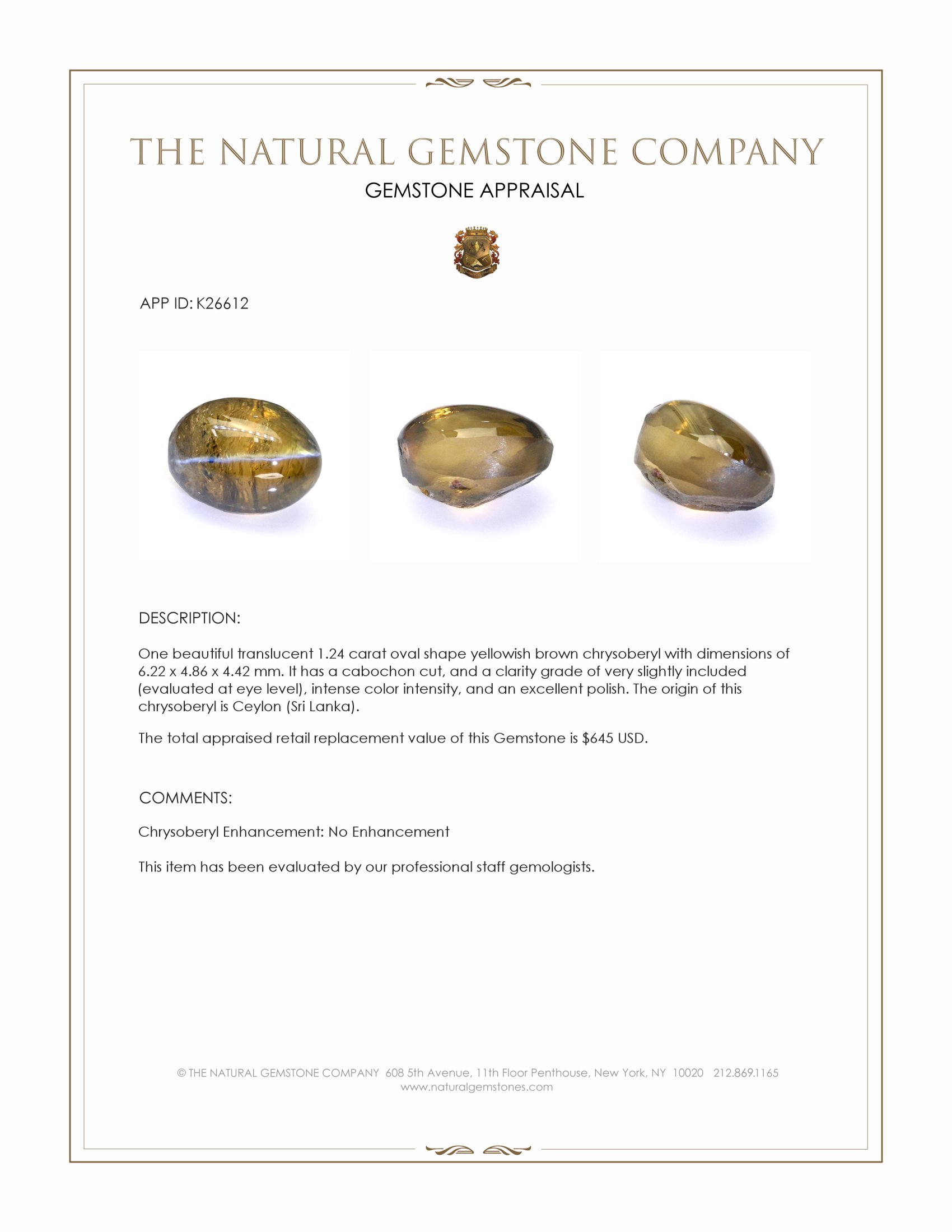 1.24 Ct. Yellowish Brown Cabochon Chrysoberyl from Ceylon (Sri Lanka)