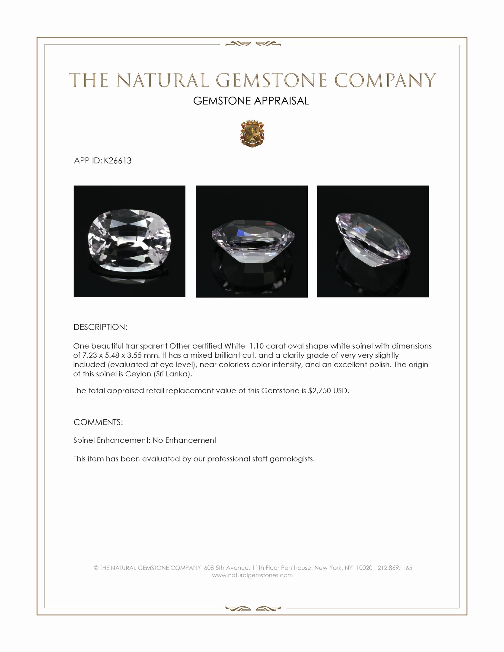 1.10 Ct. White Spinel from Ceylon (Sri Lanka)