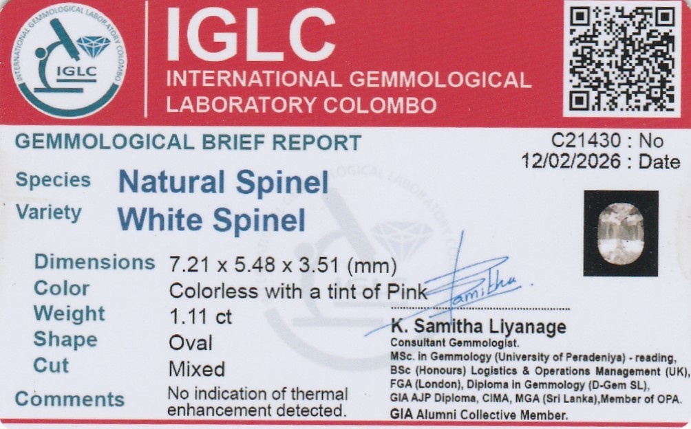 1.10 Ct. White Spinel from Ceylon (Sri Lanka)