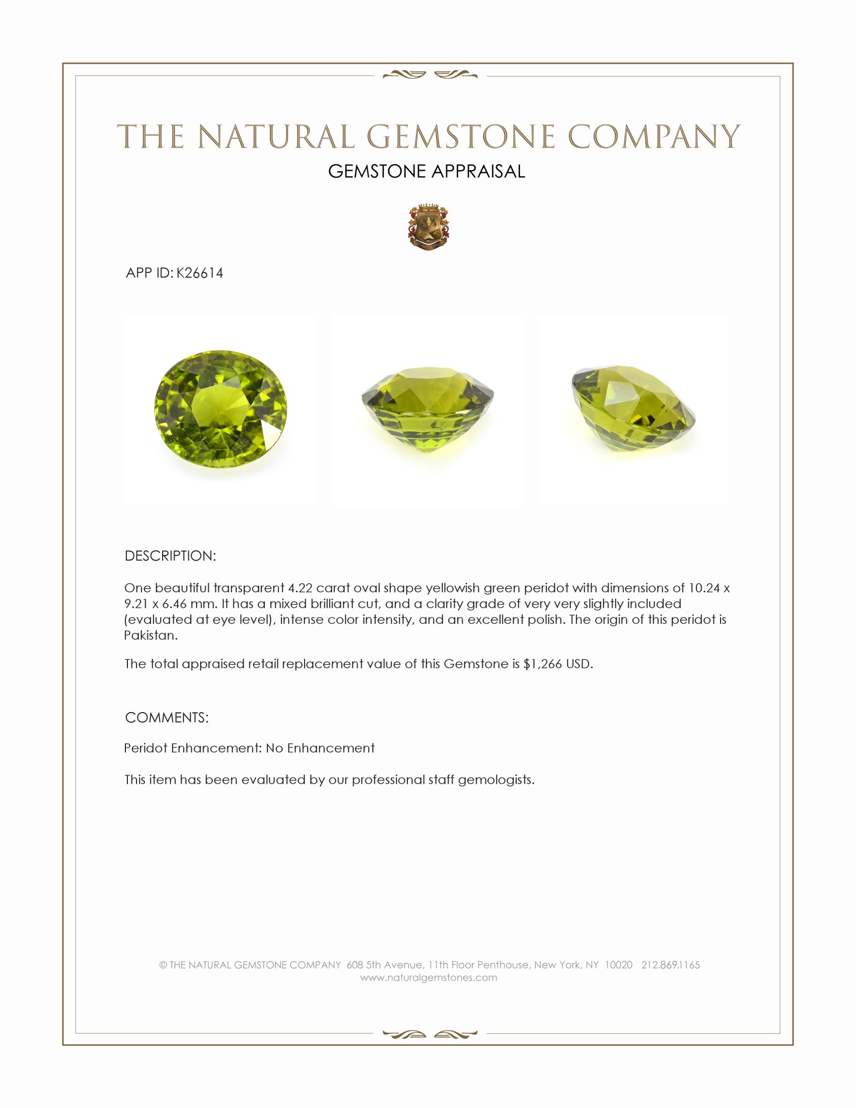 4.22 Ct. Yellowish Green Peridot from Pakistan