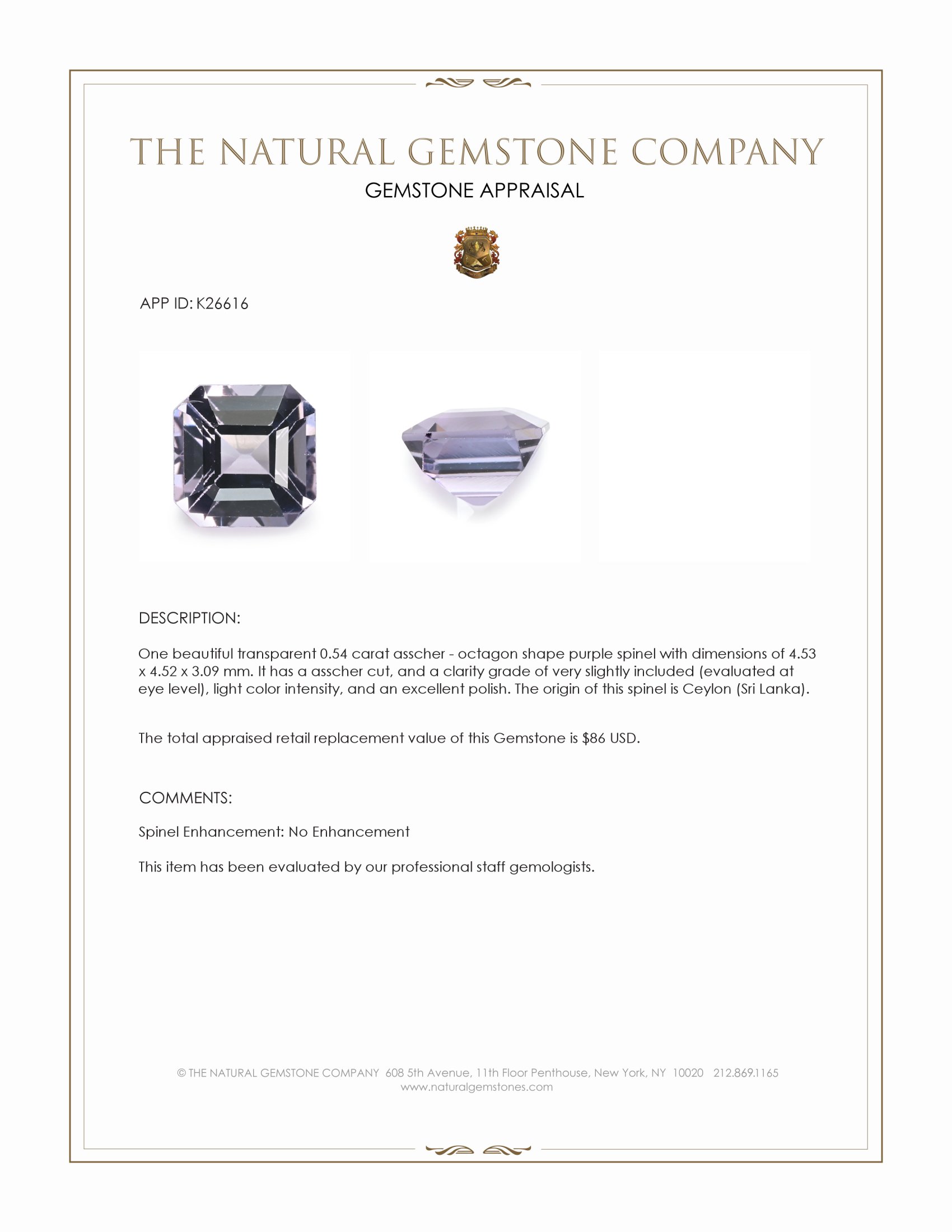 0.54 Ct. Pinkish Purple Spinel from Ceylon (Sri Lanka)