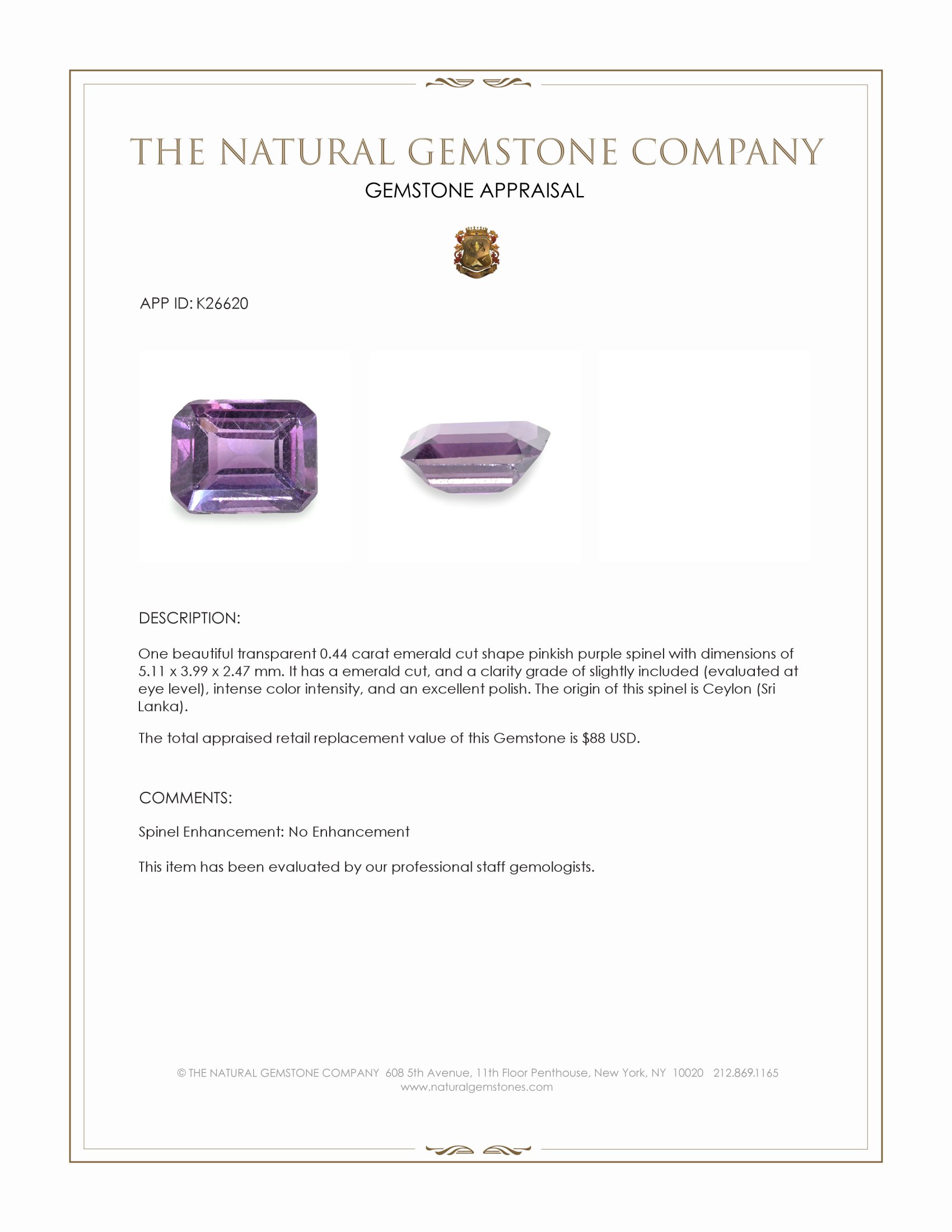 0.44 Ct. Pinkish Purple Spinel from Ceylon (Sri Lanka)