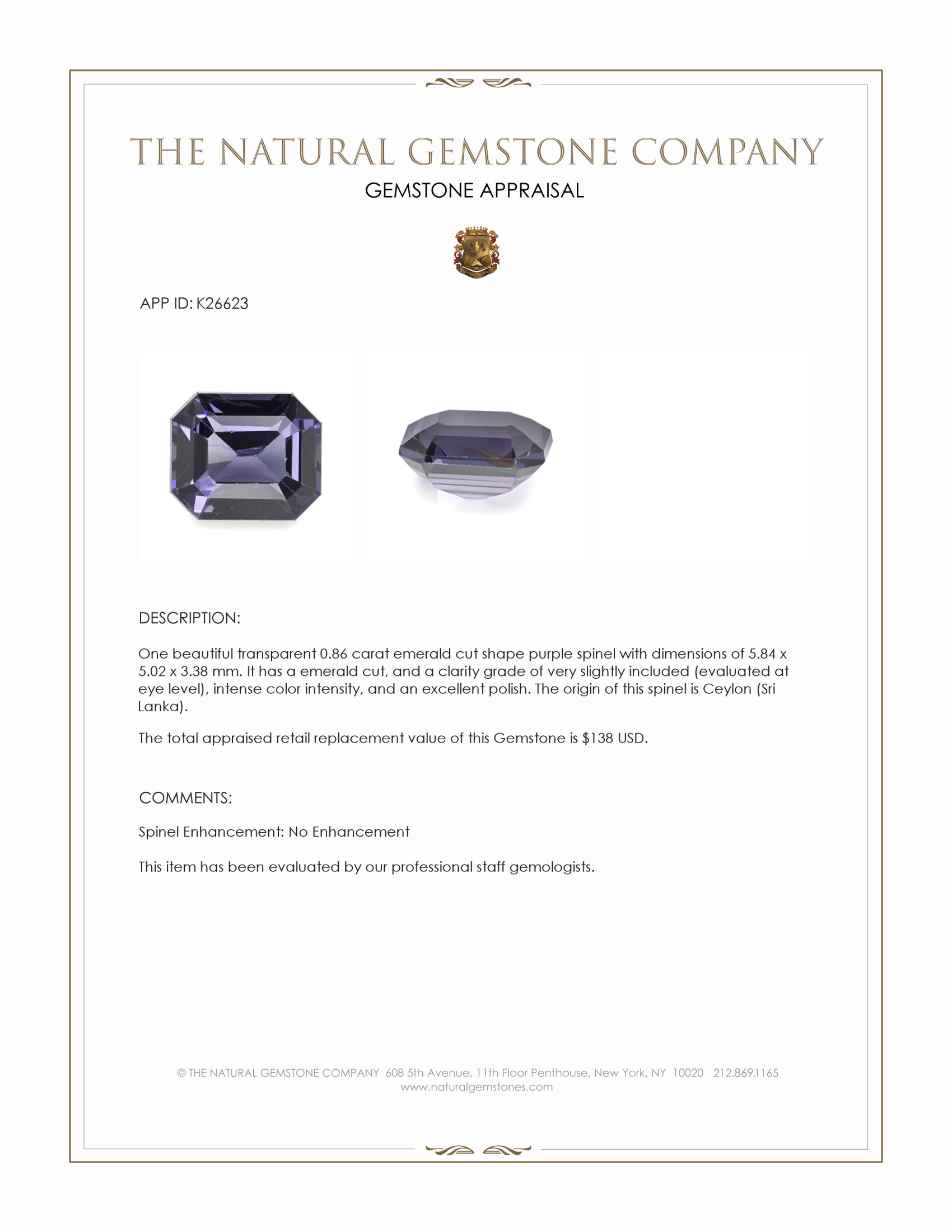 0.86 Ct. Purple Spinel from Ceylon (Sri Lanka)