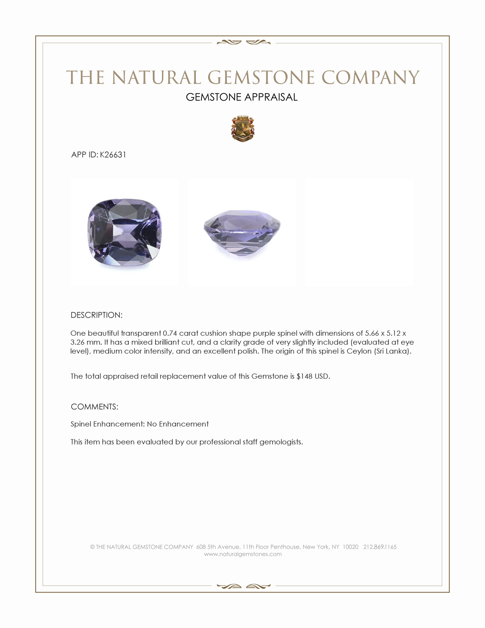 0.74 Ct. Purple Spinel from Ceylon (Sri Lanka)