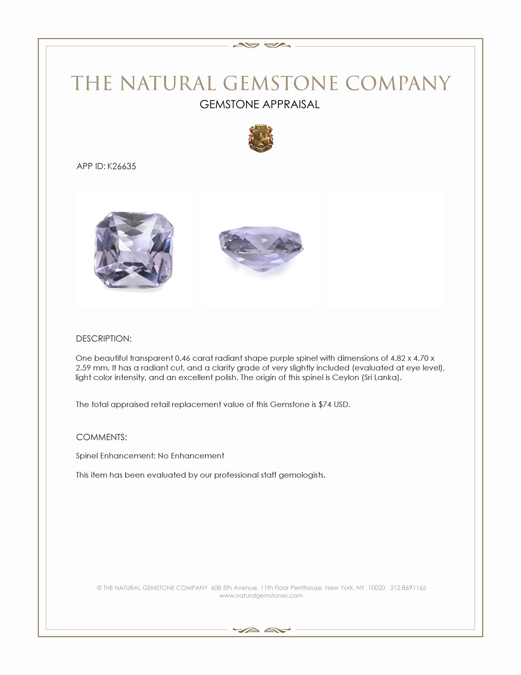0.46 Ct. Purple Spinel from Ceylon (Sri Lanka)