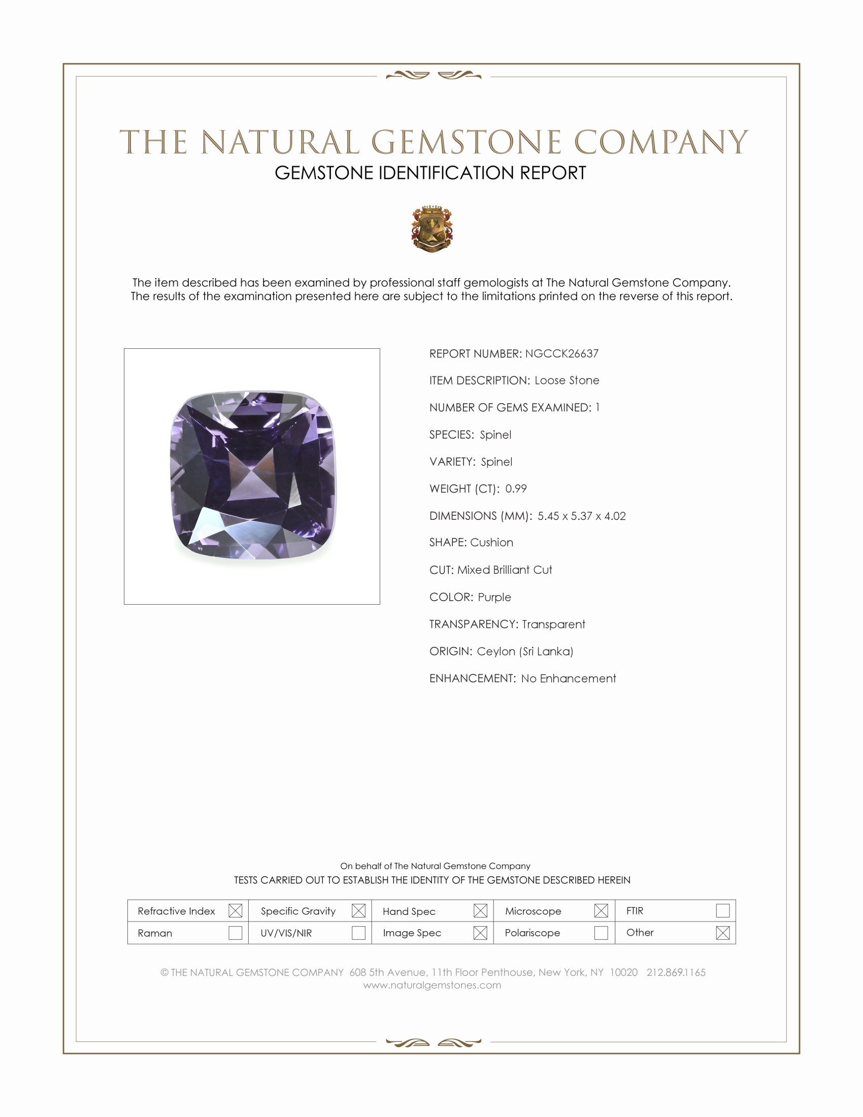 0.99 Ct. Purple Spinel from Ceylon (Sri Lanka)