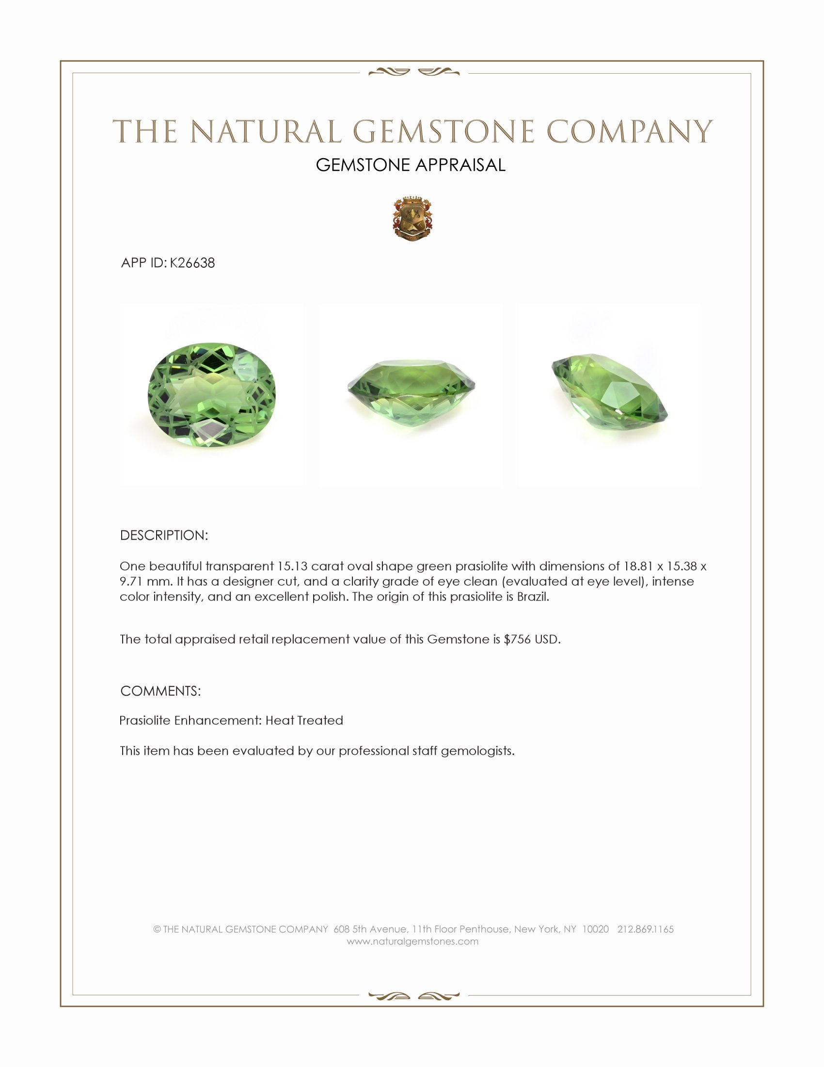 15.13 Ct. Green Prasiolite from Brazil