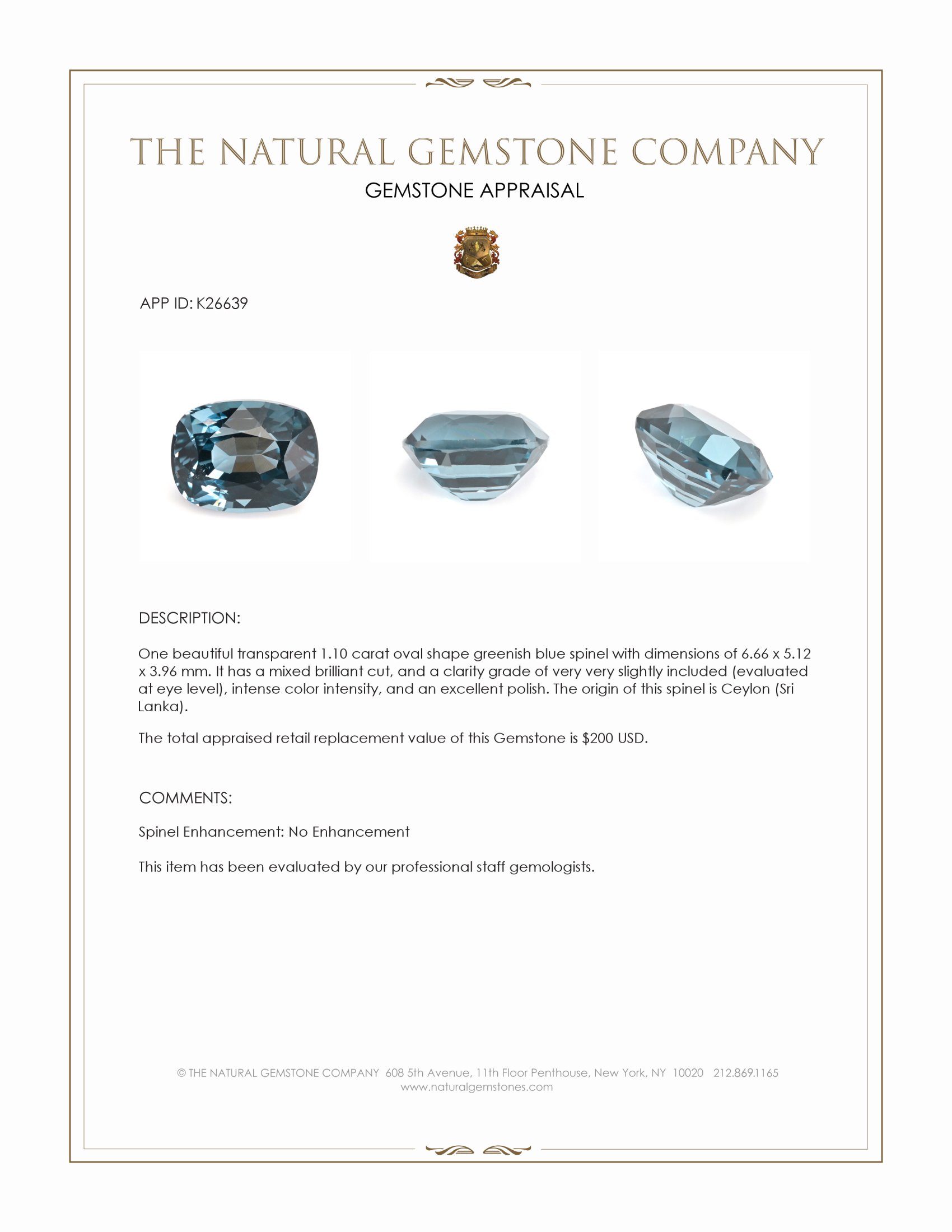 1.10 Ct. Greenish Blue Spinel from Ceylon (Sri Lanka)