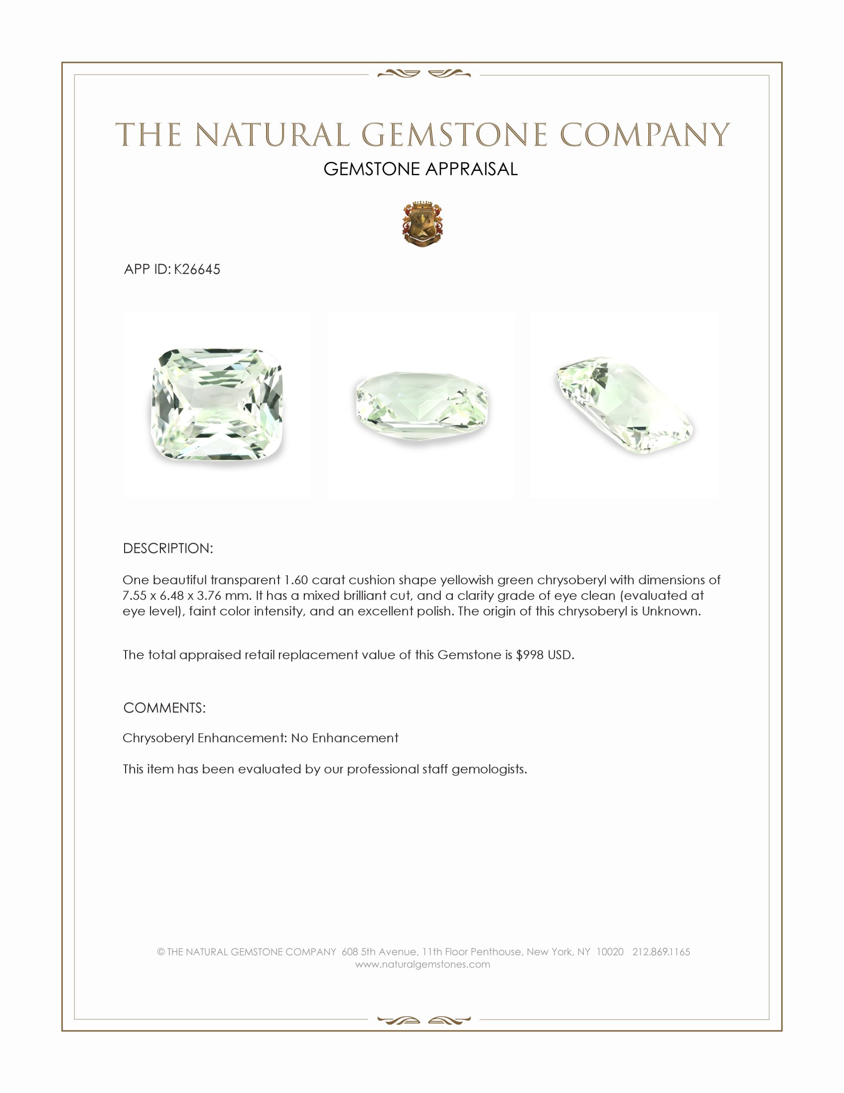 1.60 Ct. Yellowish Green Chrysoberyl
