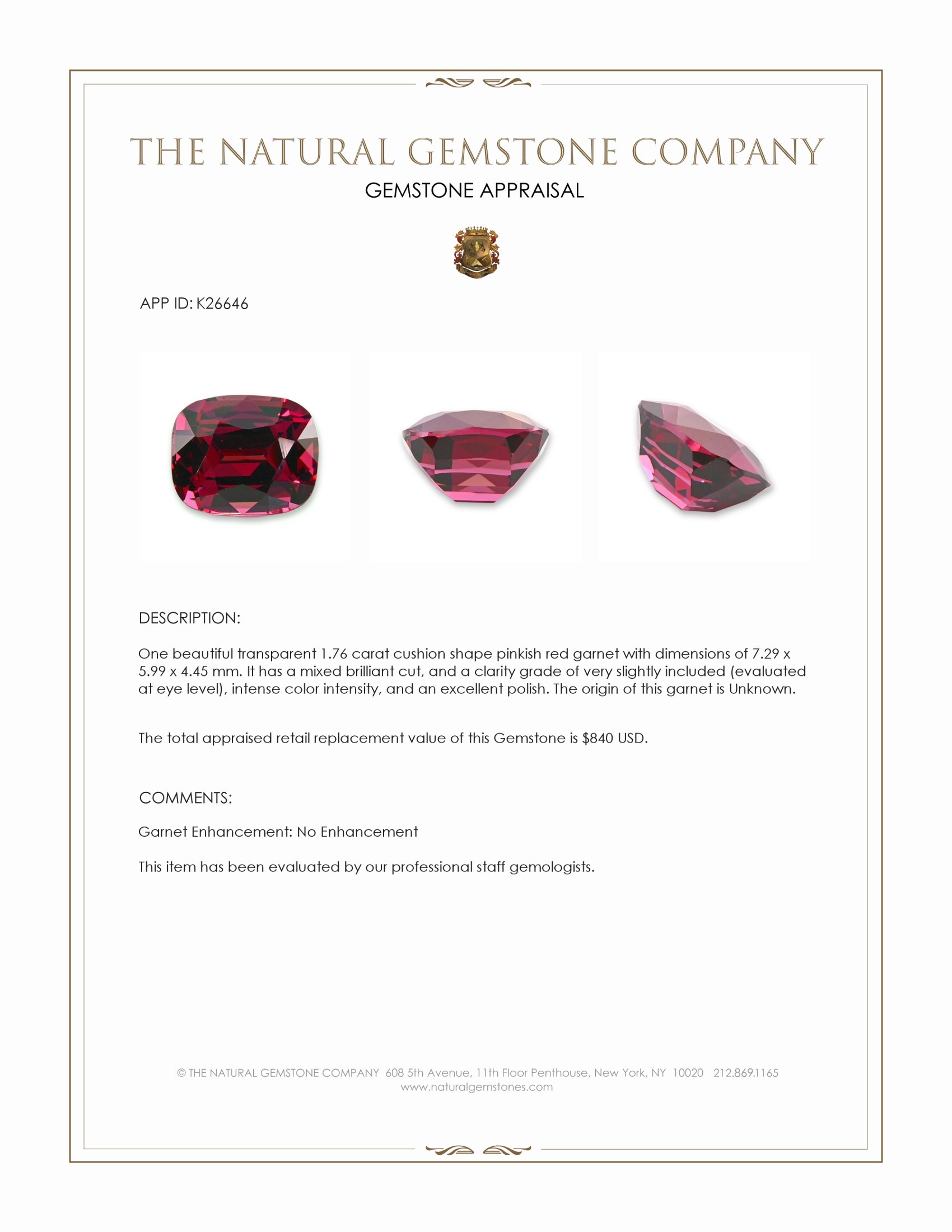 1.76 Ct. Pinkish Red Garnet