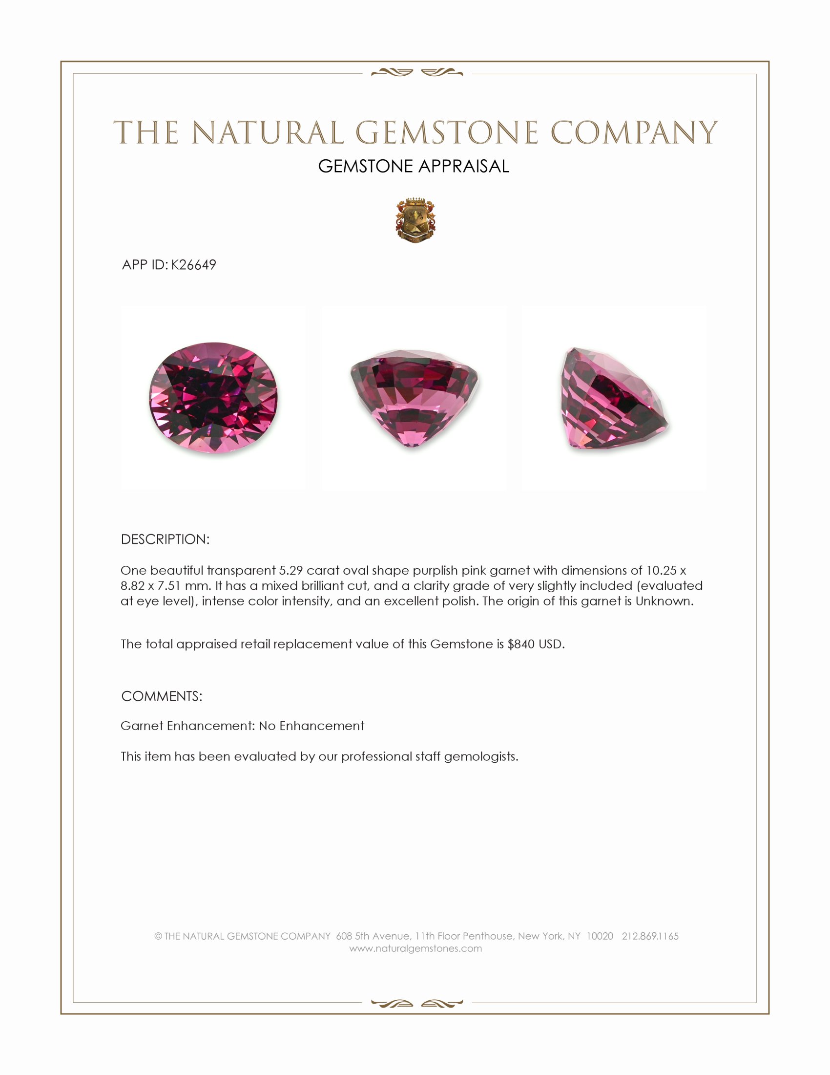 5.29 Ct. Purplish Pink Garnet