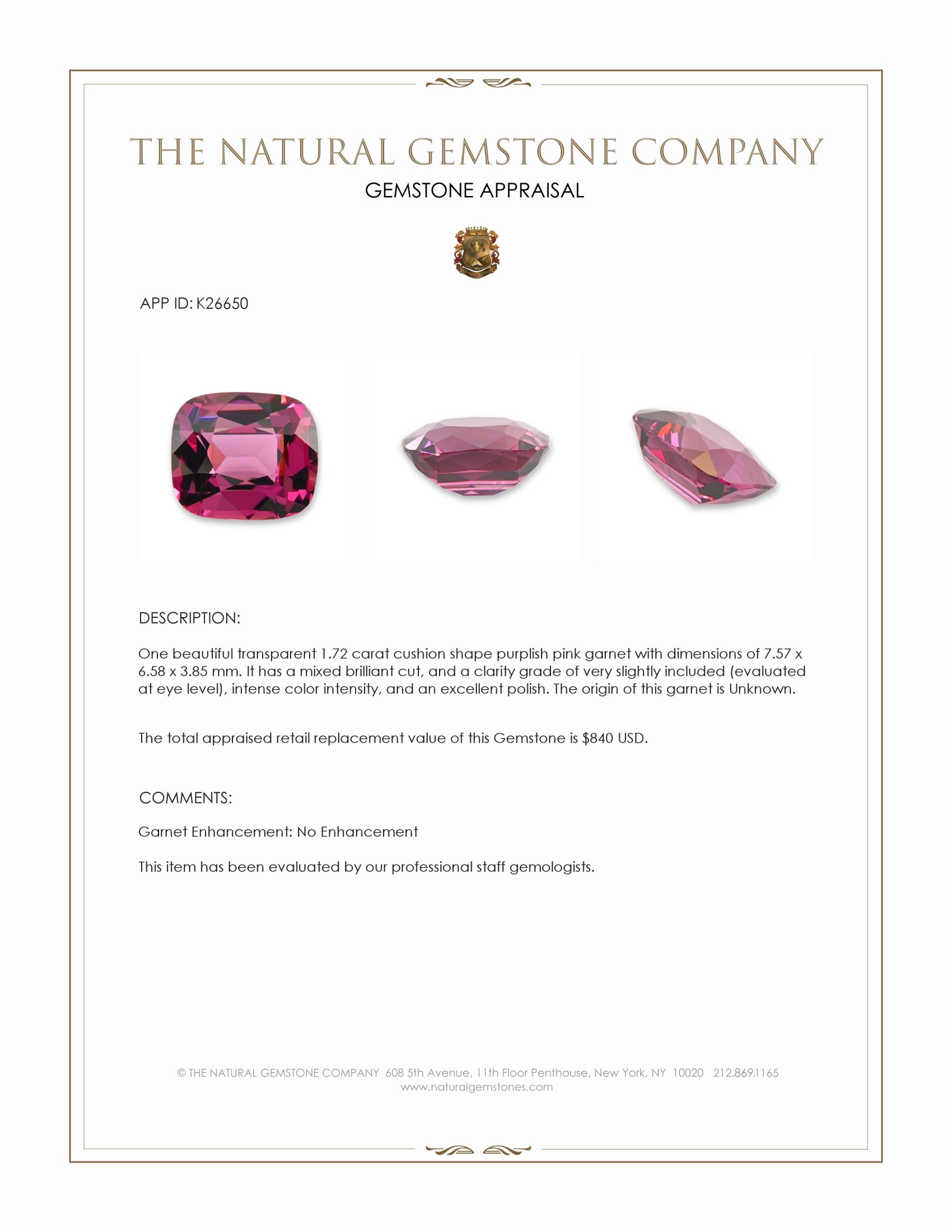 1.72 Ct. Purplish Pink Garnet