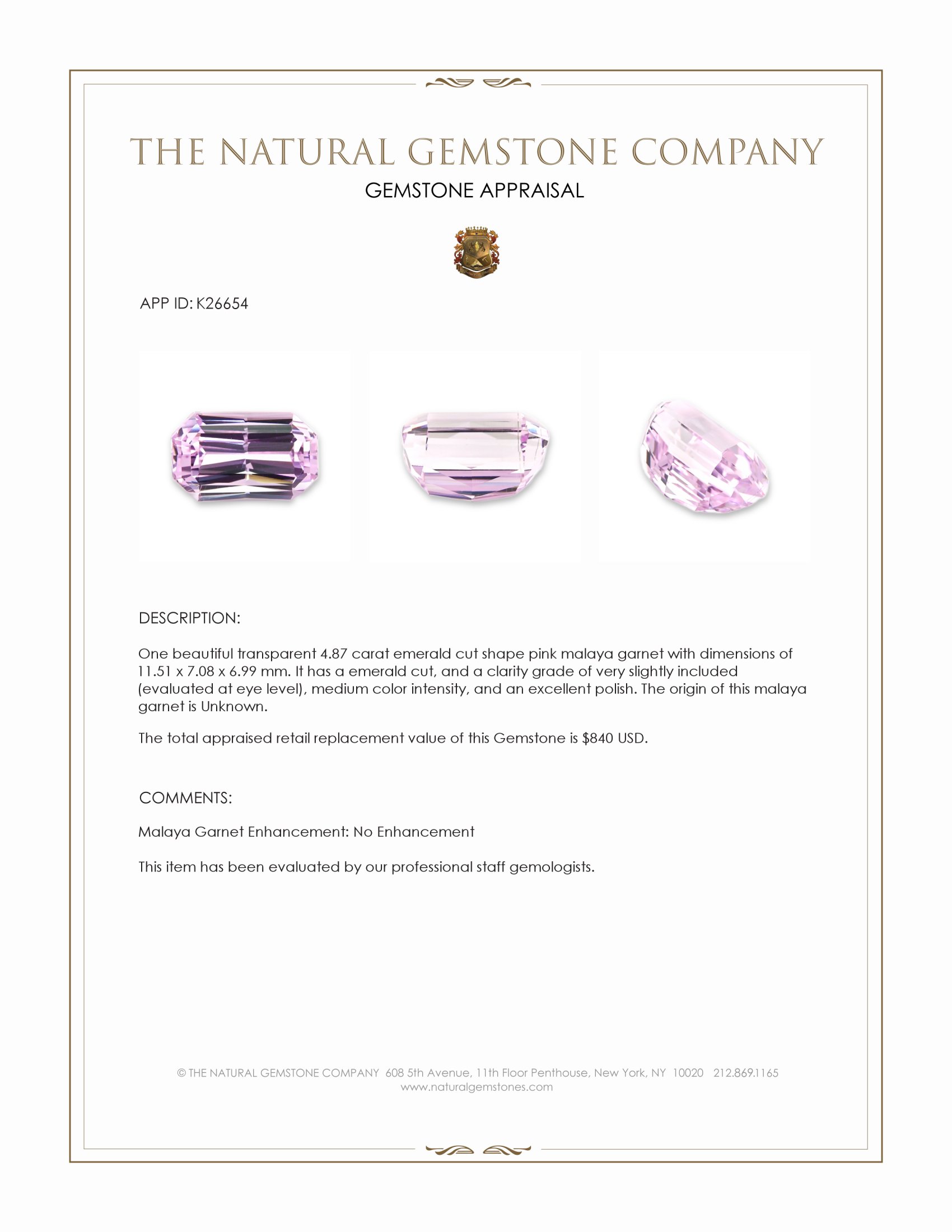 4.87 Ct. Pink Malaya Garnet