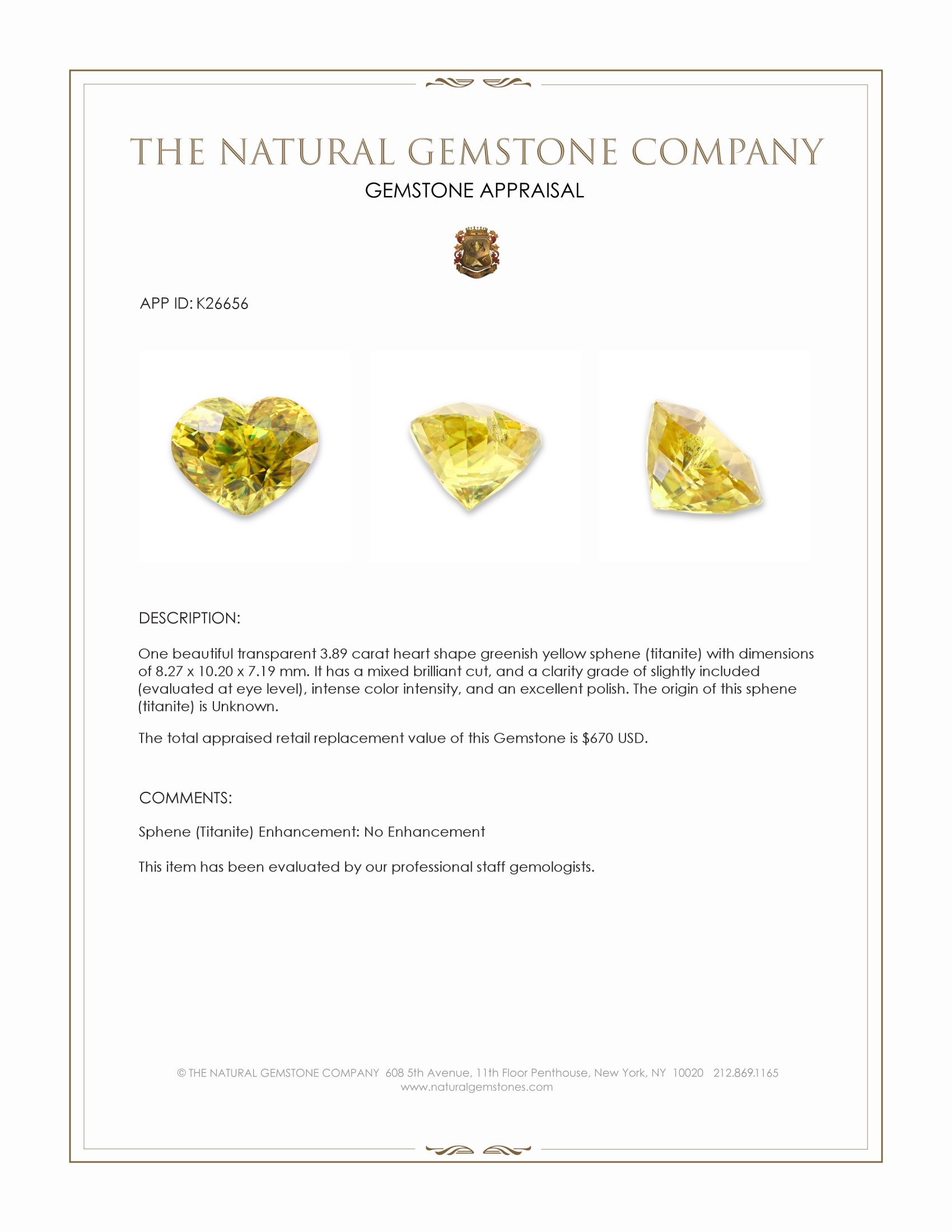 3.89 Ct. Greenish Yellow Sphene (Titanite)