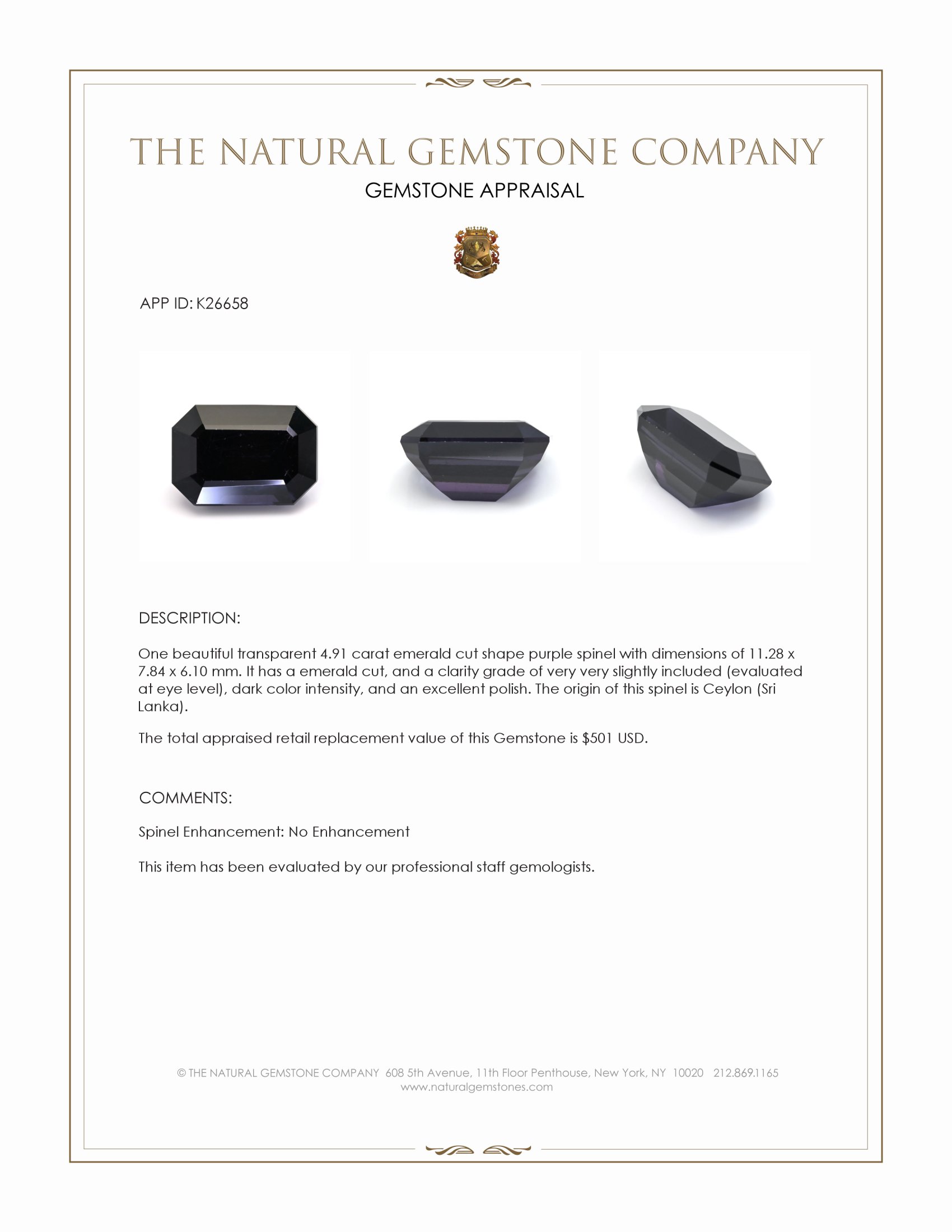 4.91 Ct. Purple Spinel from Ceylon (Sri Lanka)