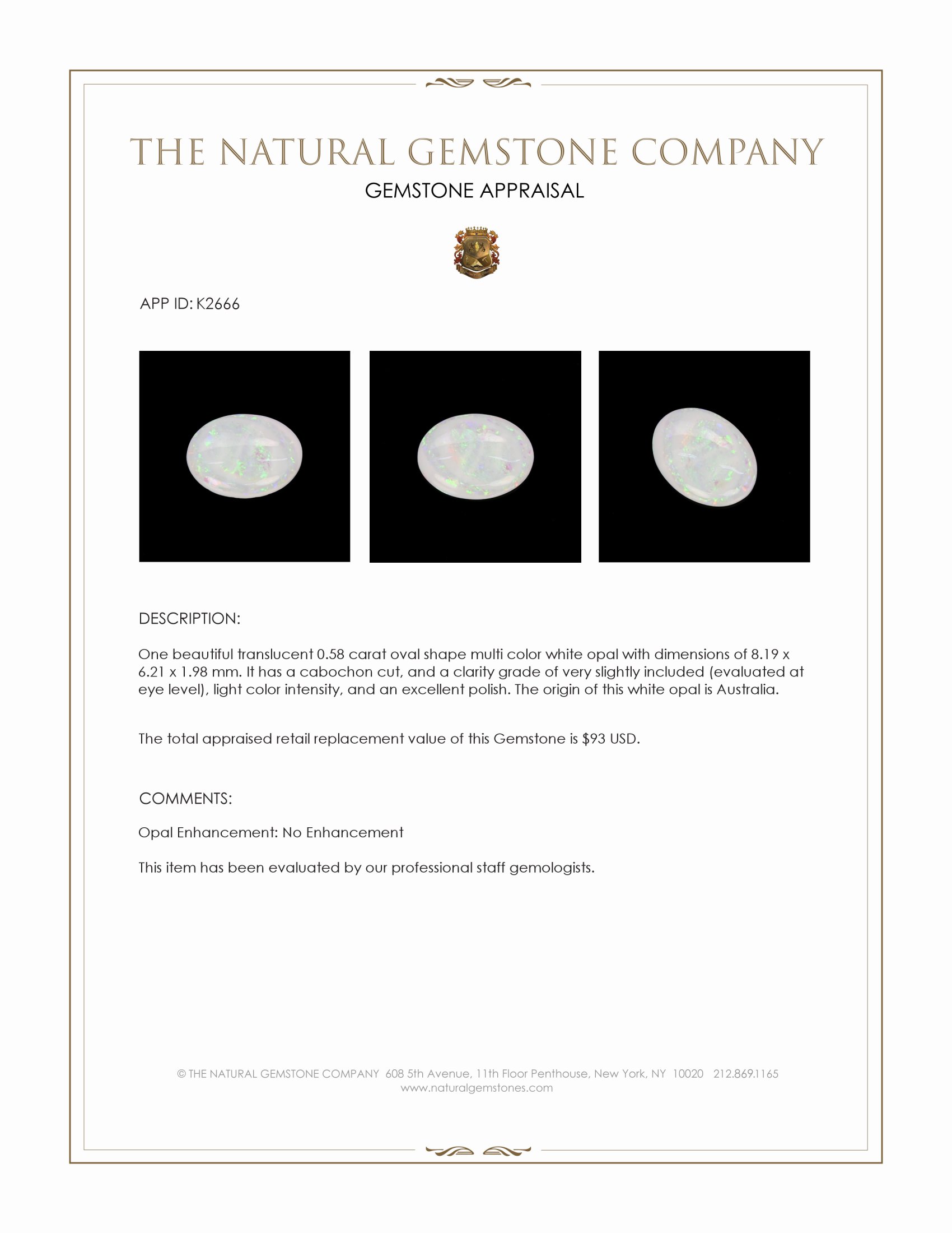 0.58 Ct. Cabochon White Opal from Australia