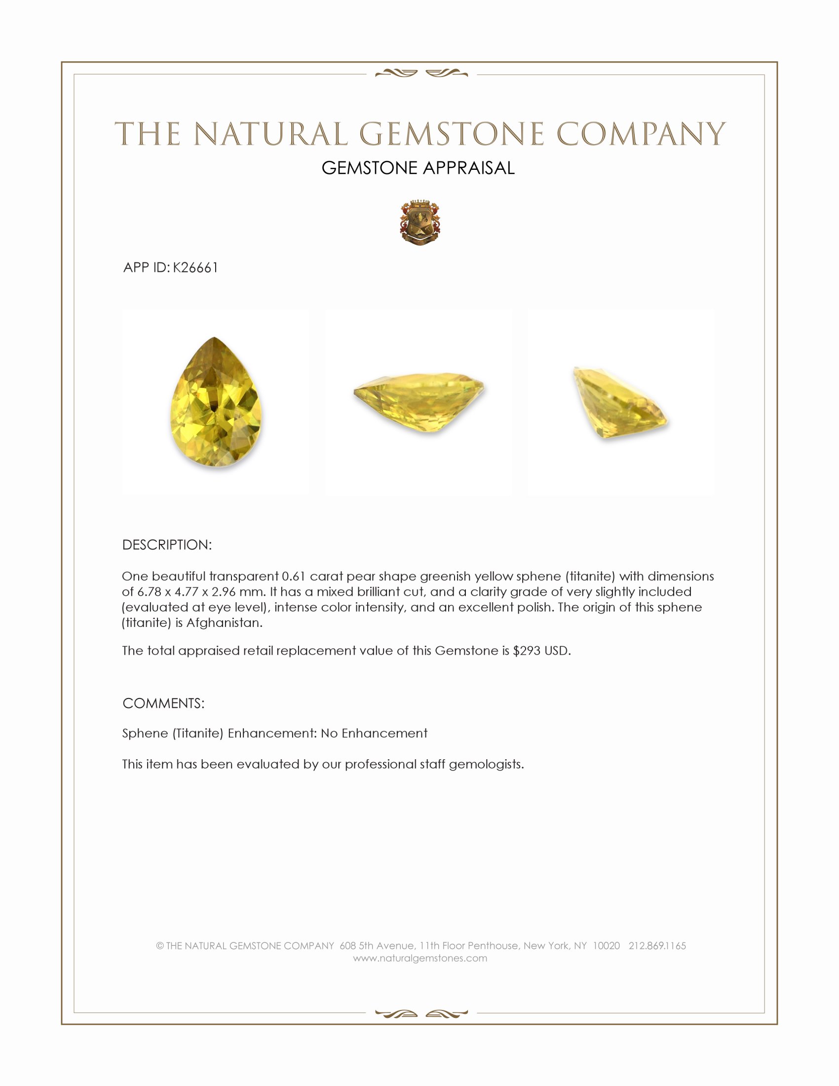 0.61 Ct. Greenish Yellow Sphene (Titanite) from Afghanistan