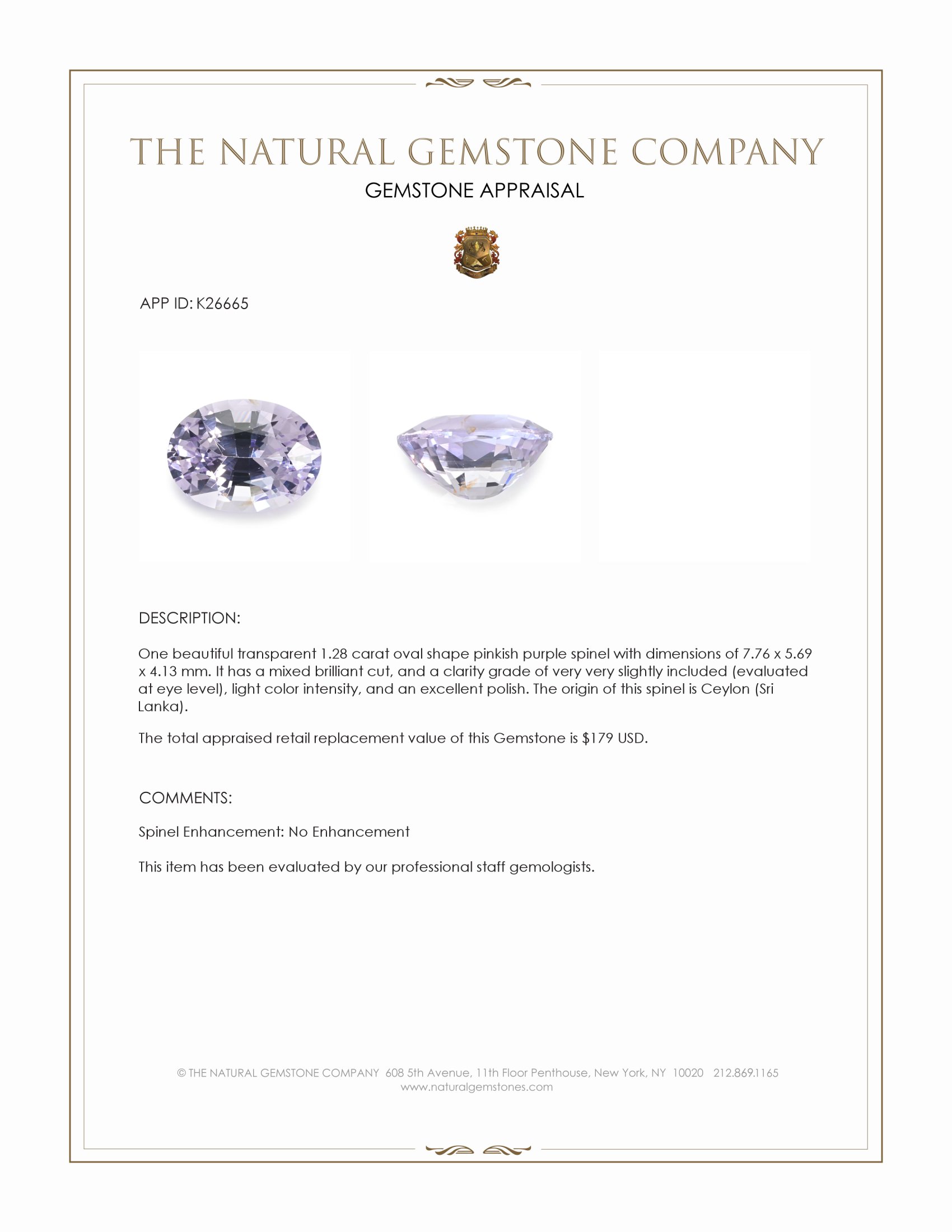 1.28 Ct. Pinkish Purple Spinel from Ceylon (Sri Lanka)