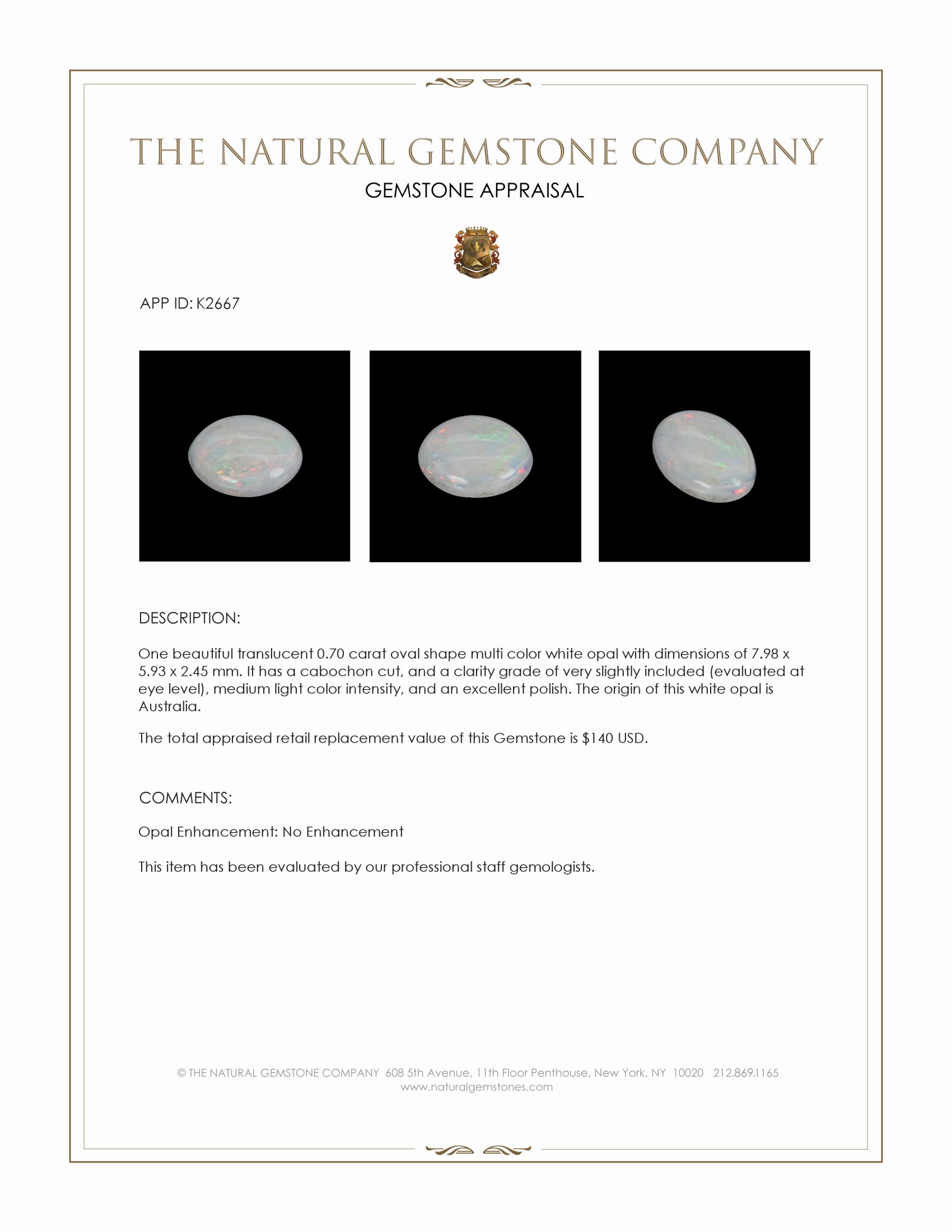 0.70 Ct. Cabochon White Opal from Australia