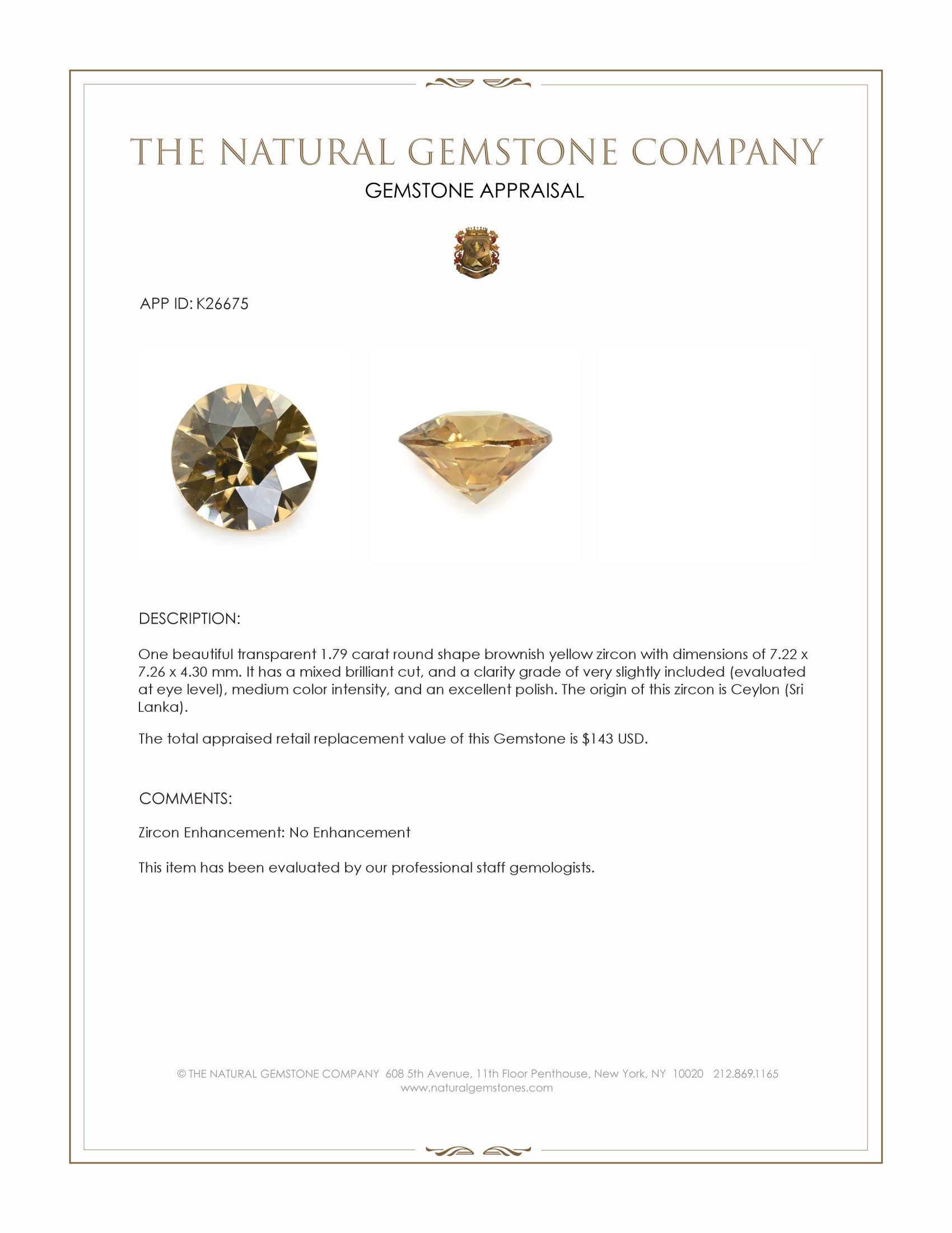 1.79 Ct. Brownish Yellow Zircon from Ceylon (Sri Lanka)