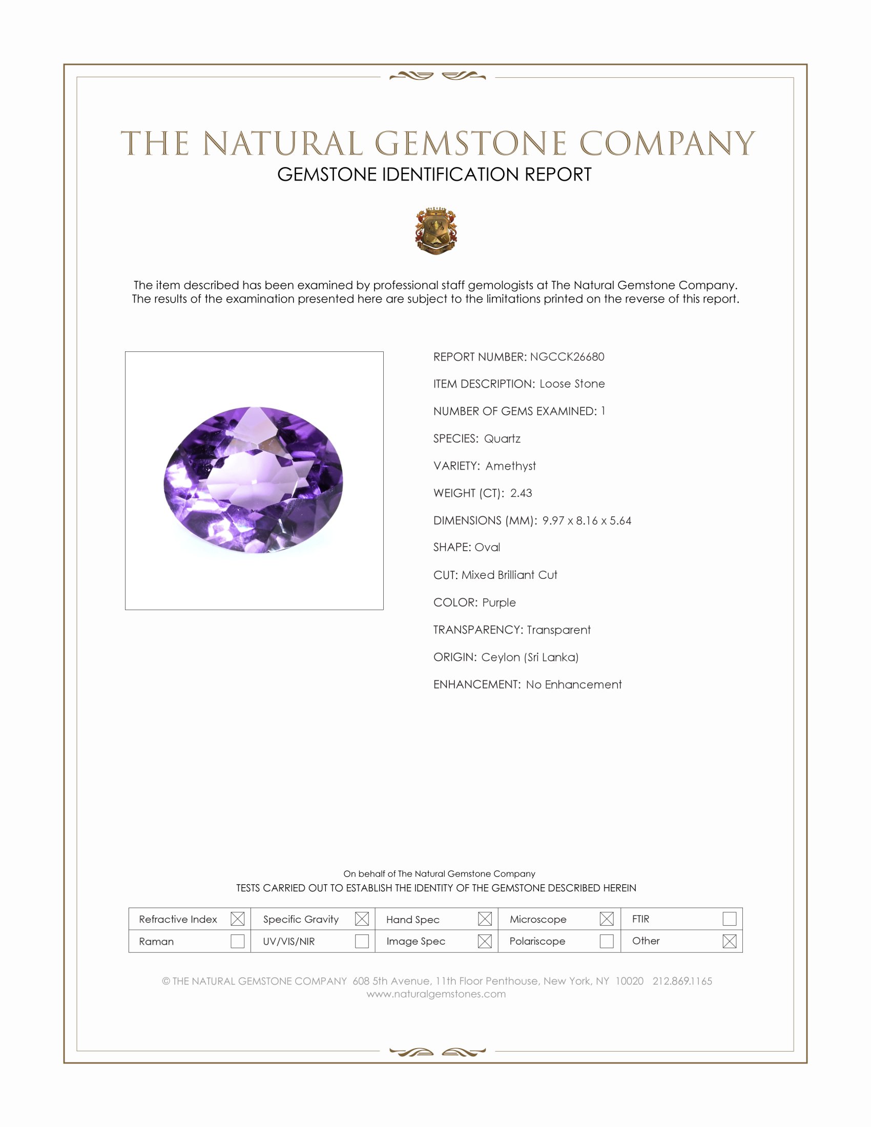 2.43 Ct. Purple Amethyst from Ceylon (Sri Lanka)