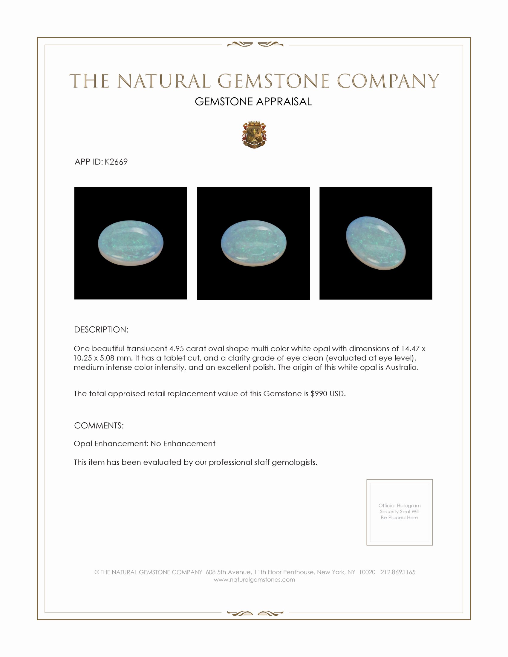 4.95 Ct. White Opal from Australia