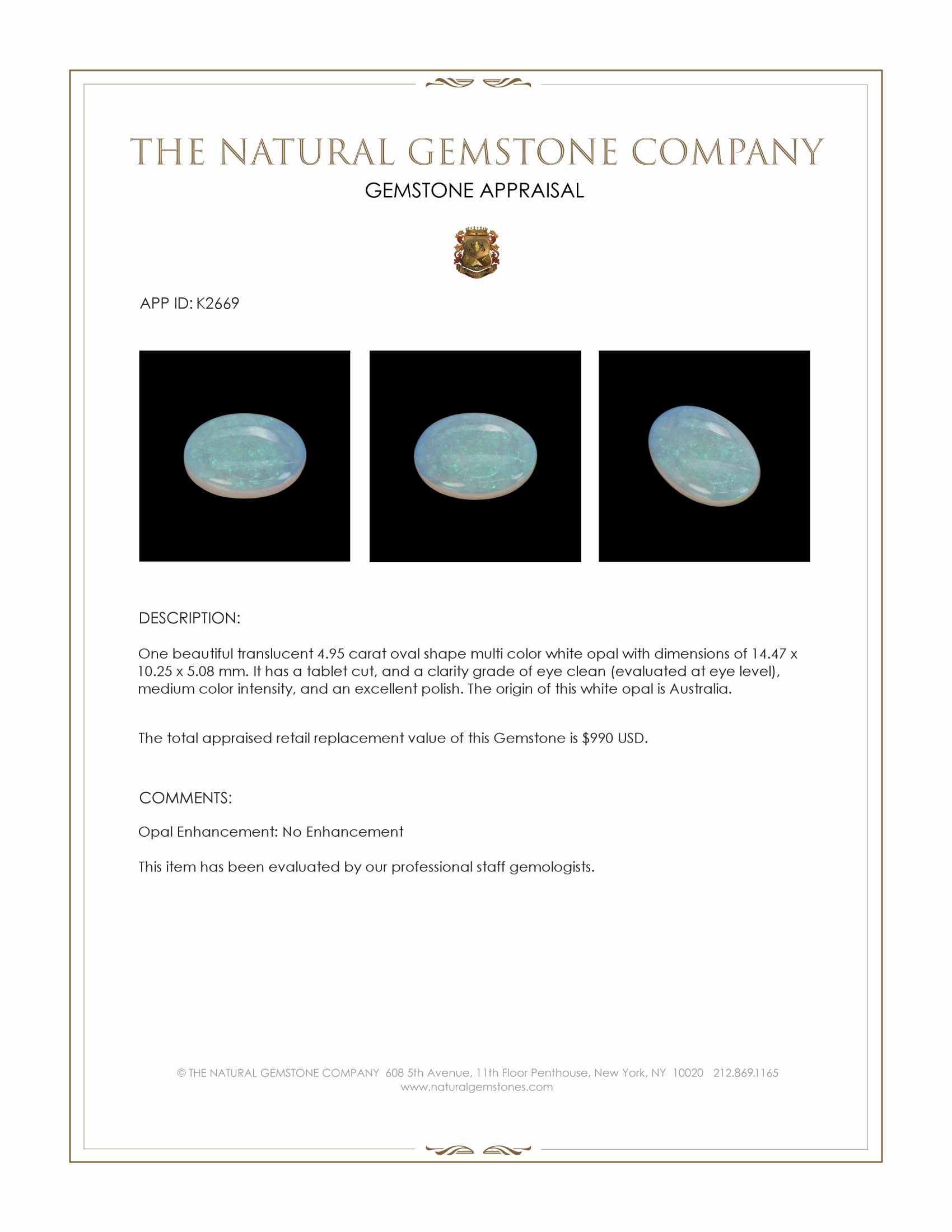 4.95 Ct. White Opal from Australia