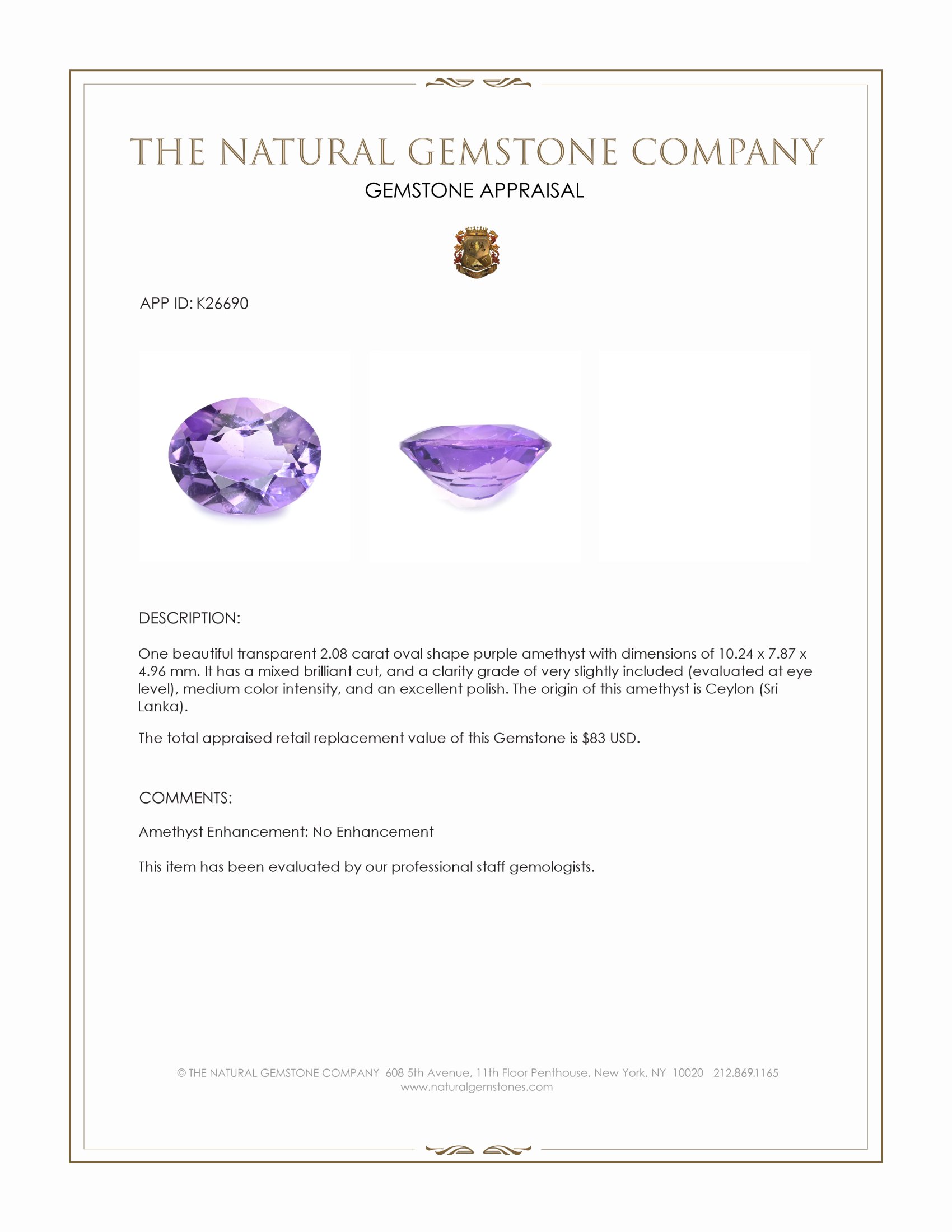 2.08 Ct. Purple Amethyst from Ceylon (Sri Lanka)